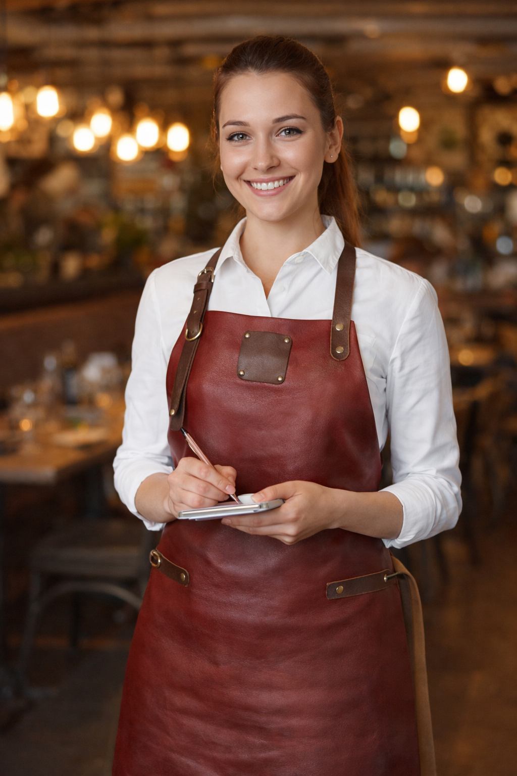 Stylish red leather apron with clean minimal design for artisans