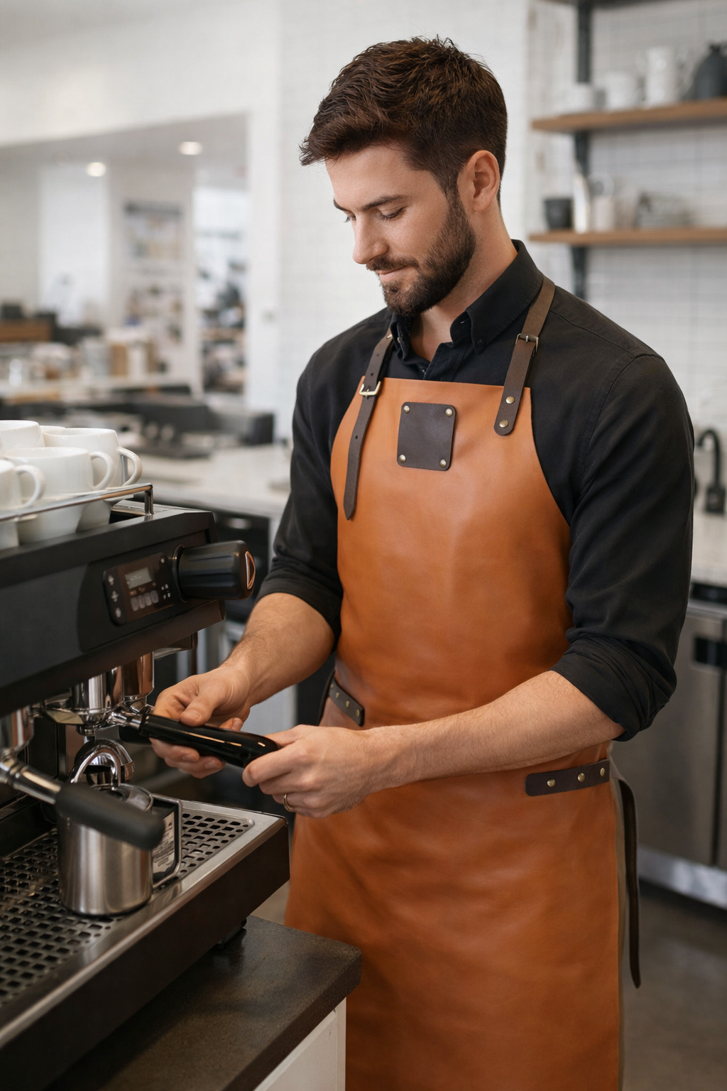 Handcrafted cognac tan leather apron with signature finish