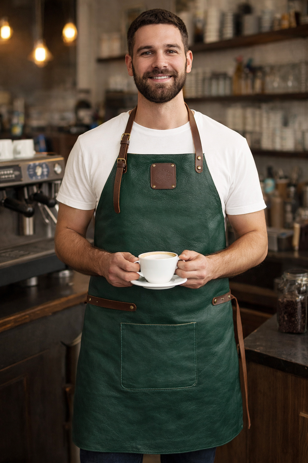 Handcrafted forest green leather apron with signature finish design