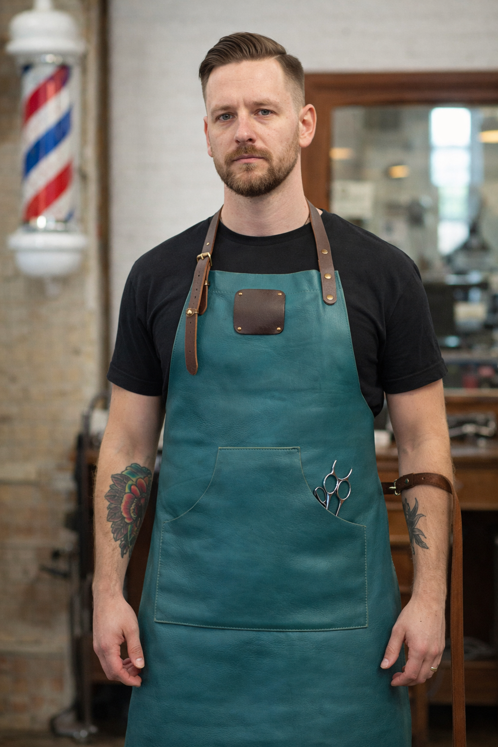 Handcrafted ocean teal leather apron with signature finish design