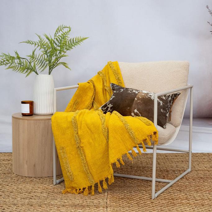 Golden Mustard Cotton Throw - Handwoven Boho Textured Blanket | 125x175cm