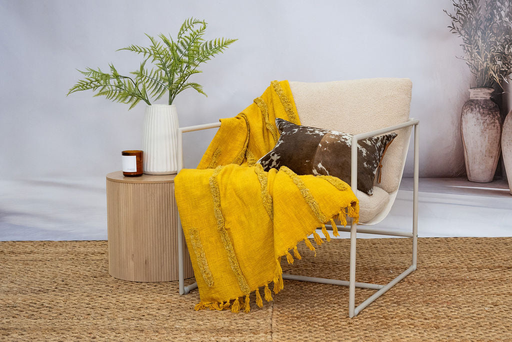 Golden Mustard Cotton Throw - Handwoven Boho Textured Blanket | 125x175cm