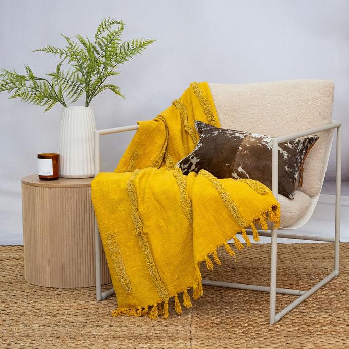 Golden Mustard Cotton Throw - Handwoven Boho Textured Blanket | 125x175cm