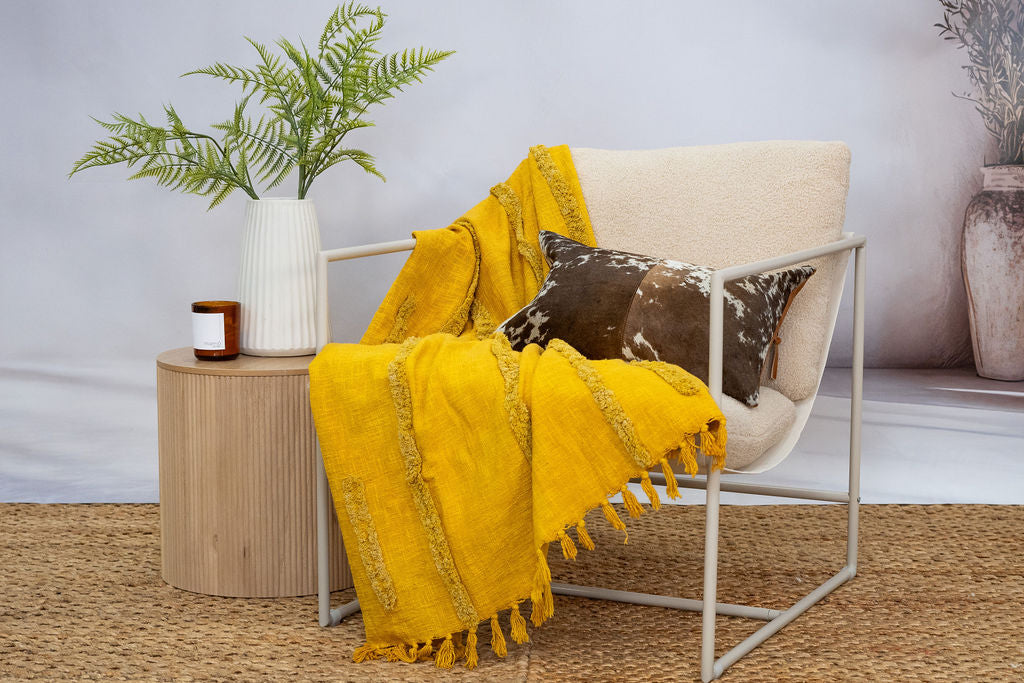 Golden Mustard Cotton Throw - Handwoven Boho Textured Blanket | 125x175cm