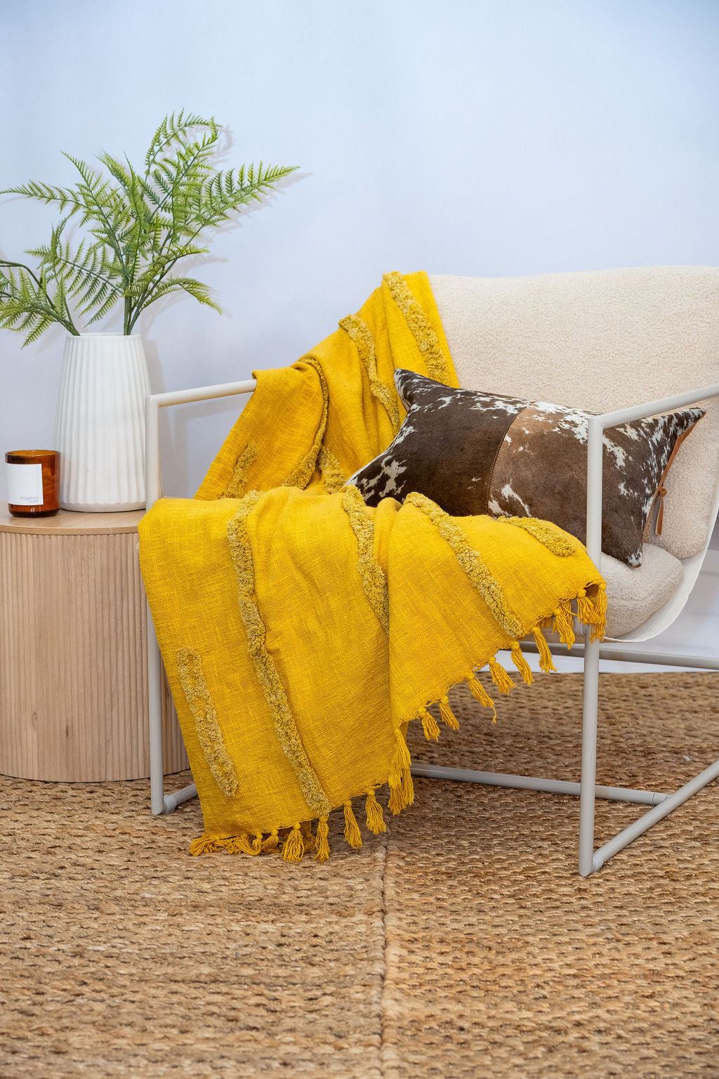 Golden Mustard Cotton Throw - Handwoven Boho Textured Blanket | 125x175cm
