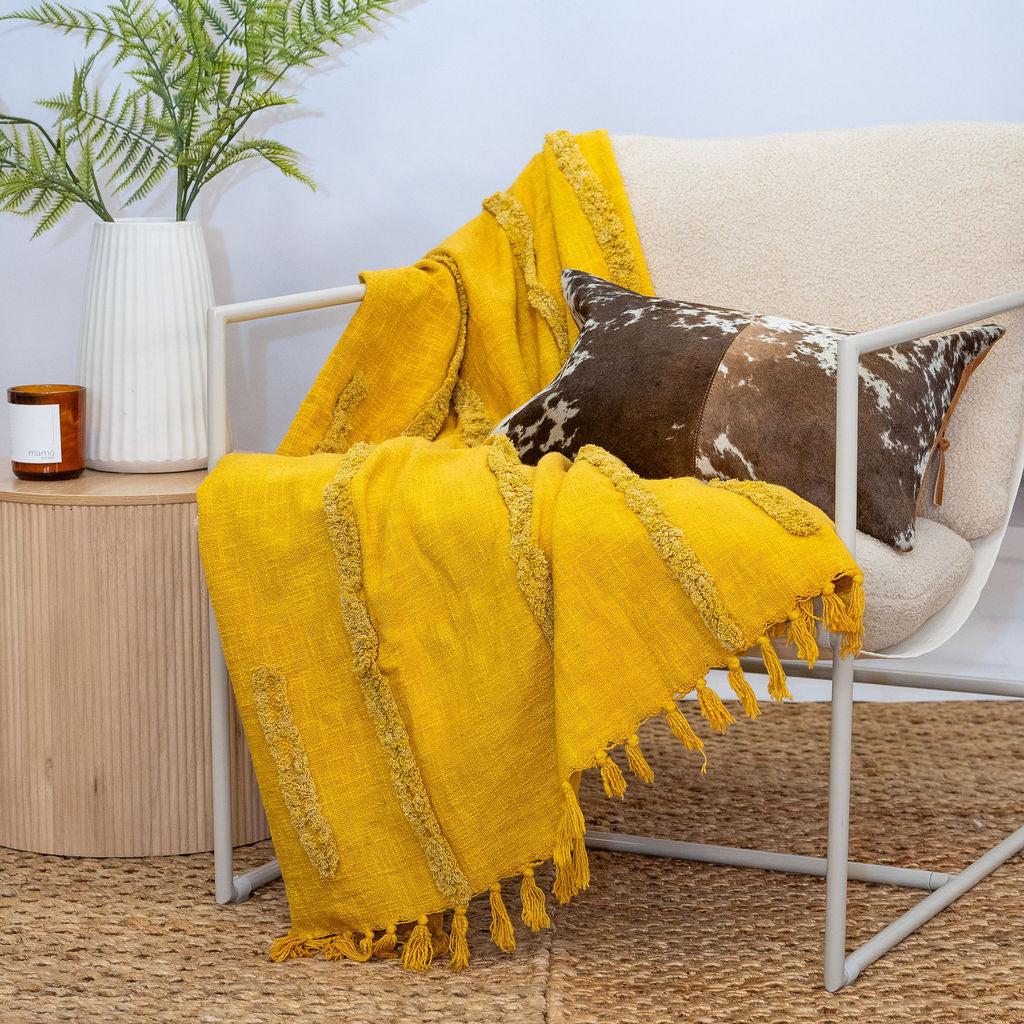Golden Mustard Cotton Throw - Handwoven Boho Textured Blanket | 125x175cm