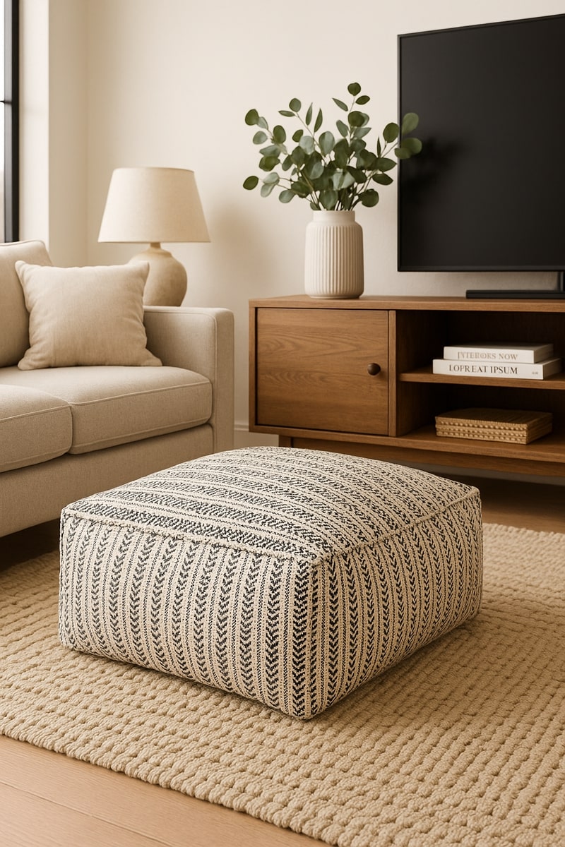 Square handwoven cotton pouf in neutral tones used as a modern boho footstool