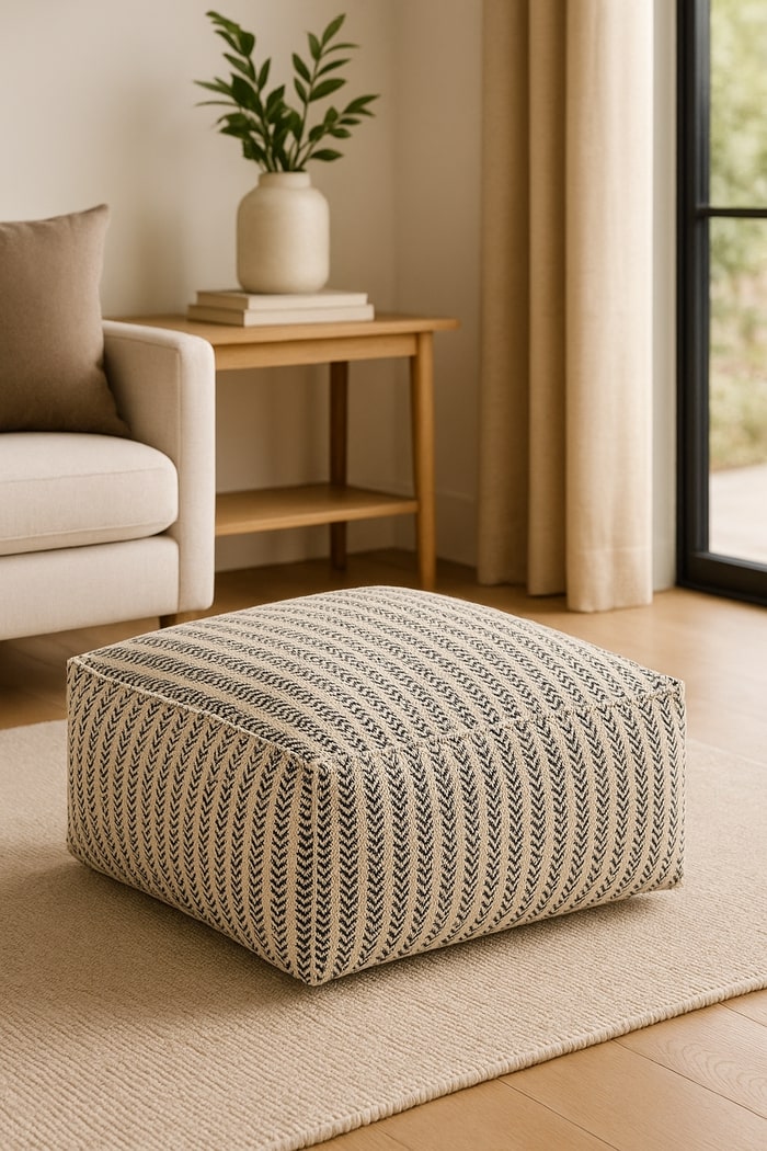Modern boho cotton ottoman pouf with soft textured weave and minimalist decor accents