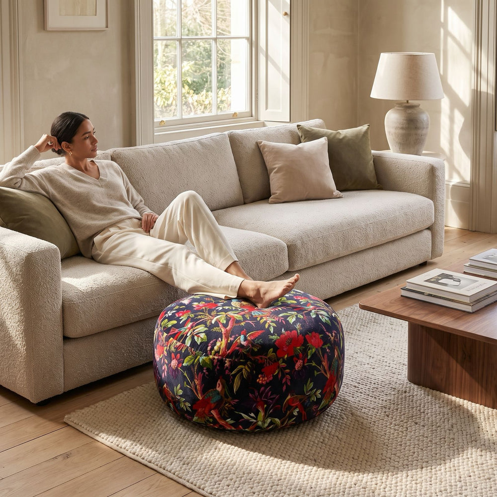 Decorative bird and floral ottoman cushion for bohemian living room seating