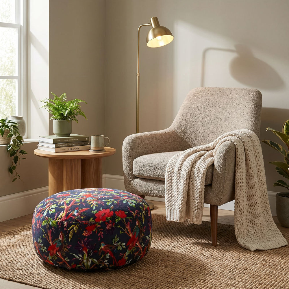 Round boho floor pouf featuring vintage bird and floral pattern with soft fabric