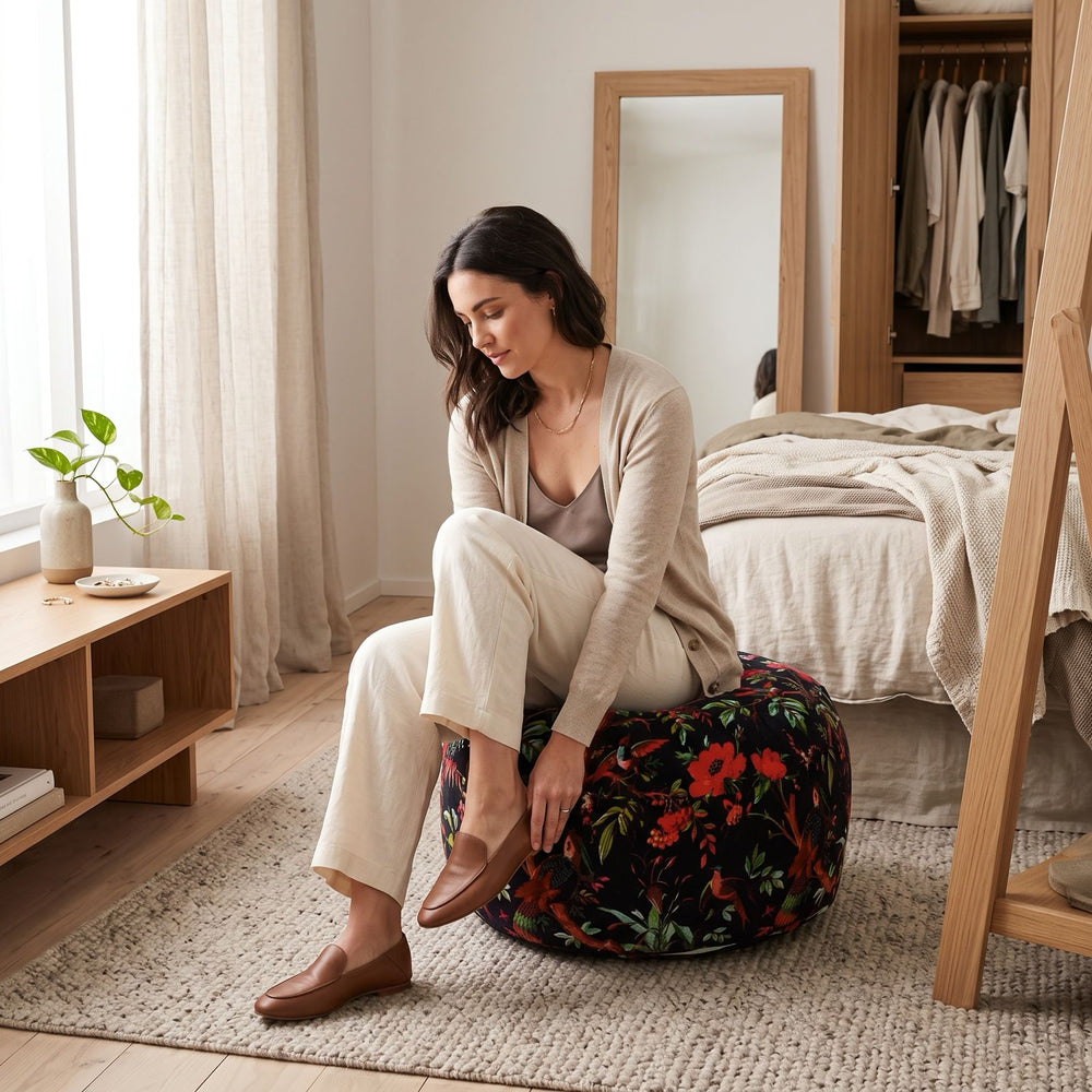 Handcrafted bird and floral floor cushion perfect as a boho footrest or ottoman
