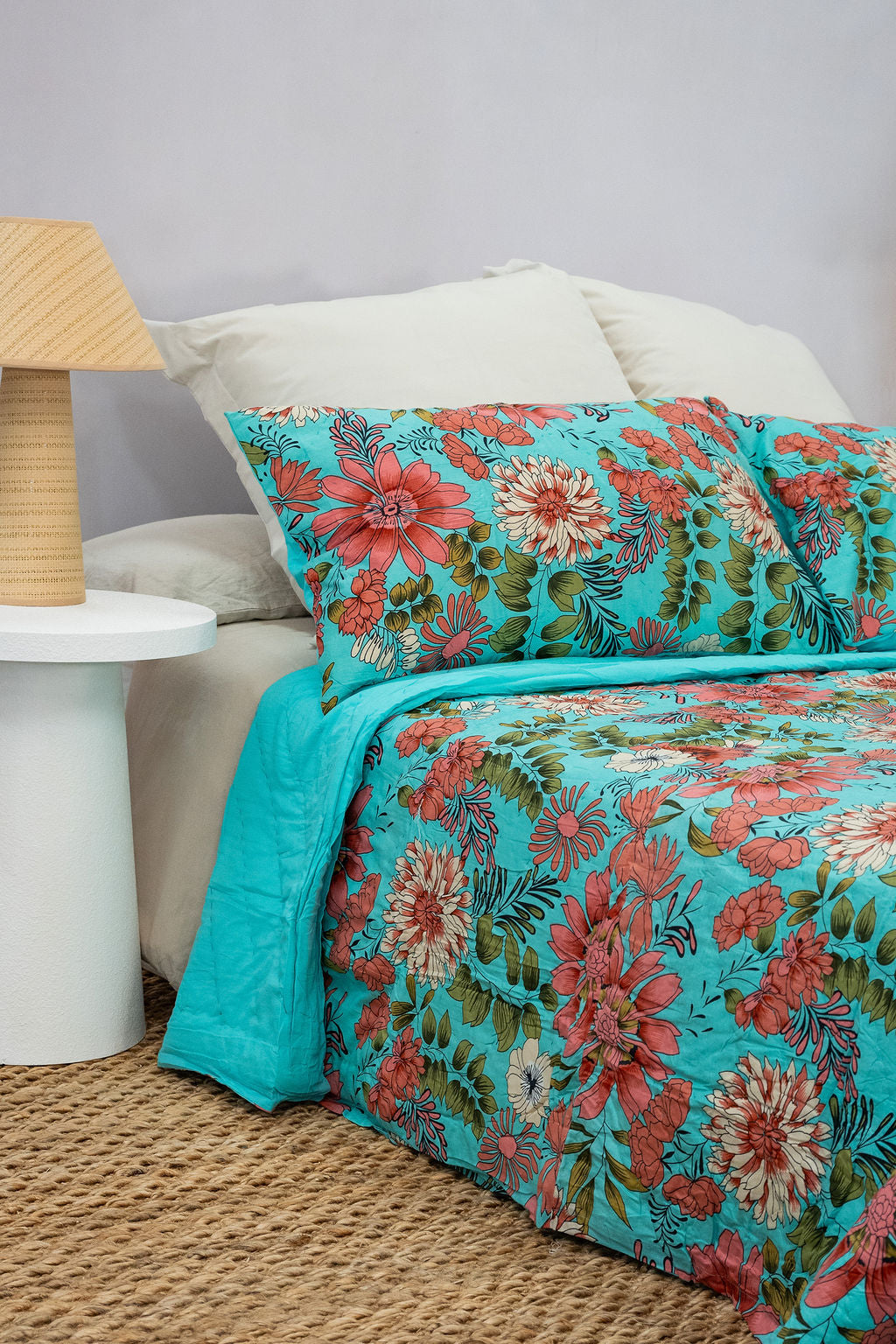 Turquoise Bloom Cotton Bedspread Set - King Size