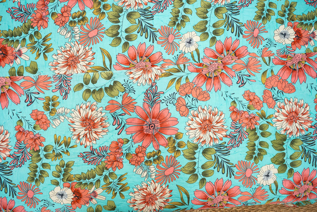 Turquoise Bloom Cotton Bedspread Set - King Size
