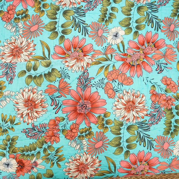 Turquoise Bloom Cotton Bedspread Set - King Size