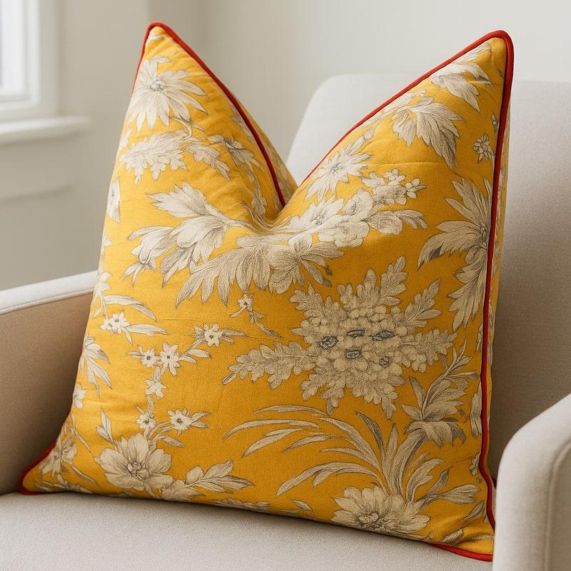 Handmade yellow cotton cushion with grey floral print and red piping, on a cream armchair.