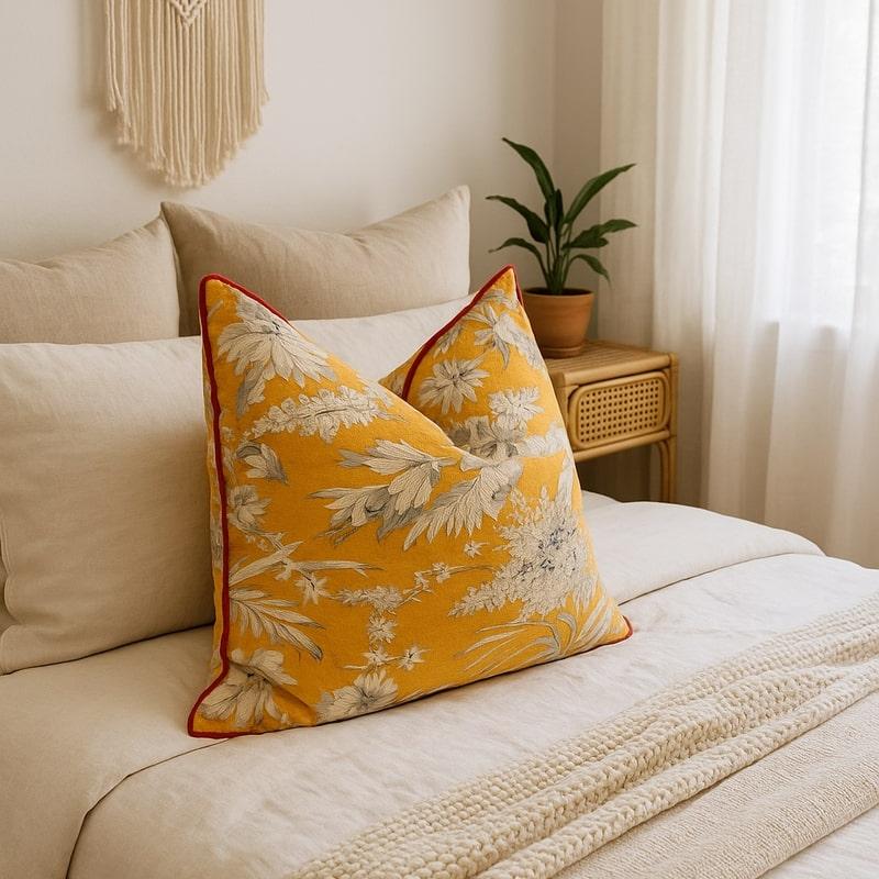 Yellow cotton cushion with grey floral design and red piping on a neutral bed.