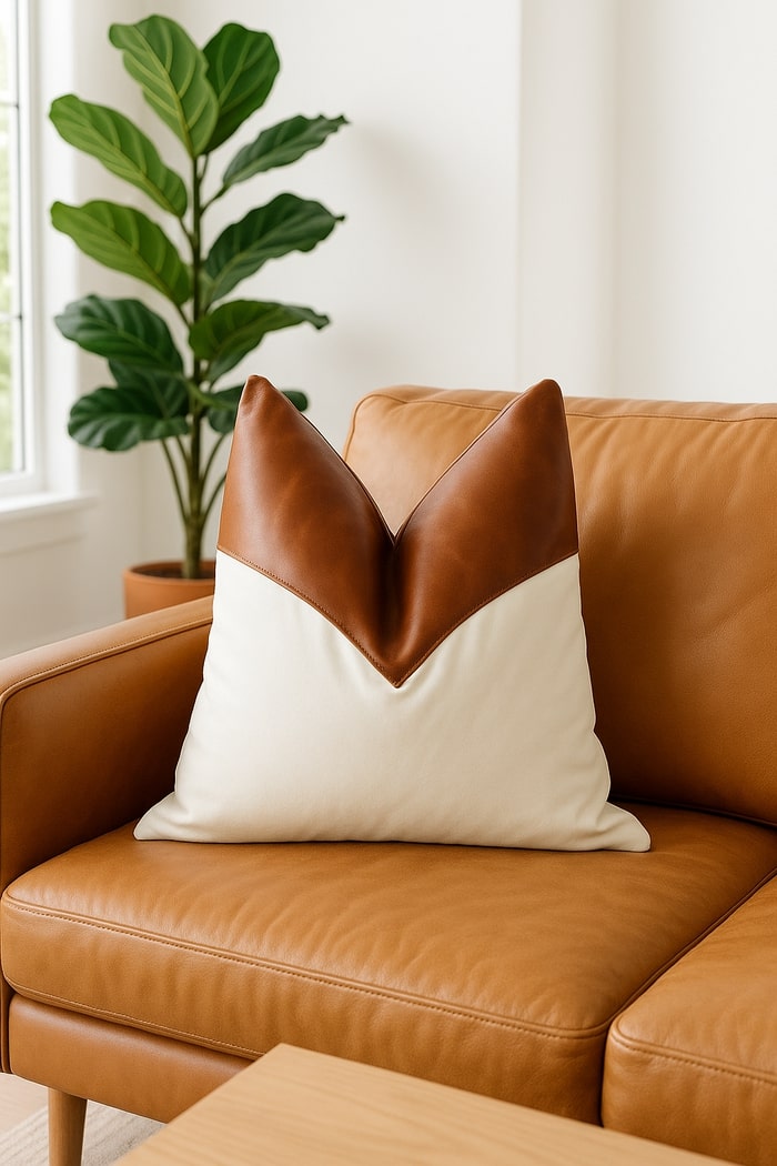 Artisan handmade tan leather and canvas pillow with textured stitching