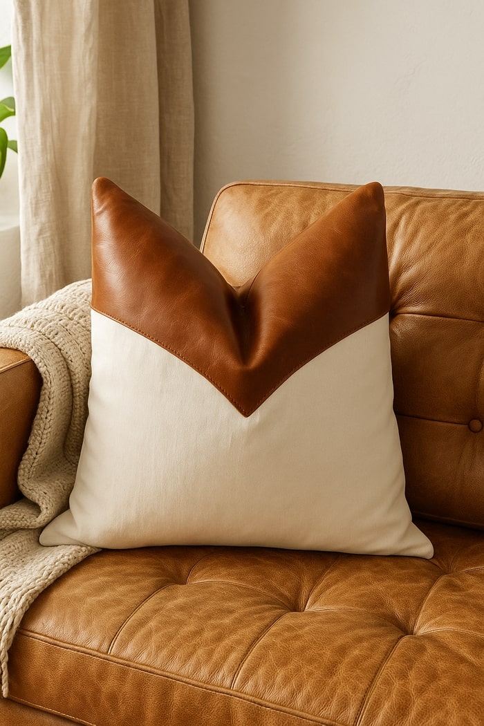 Boho style tan leather and canvas cushion on living room sofa