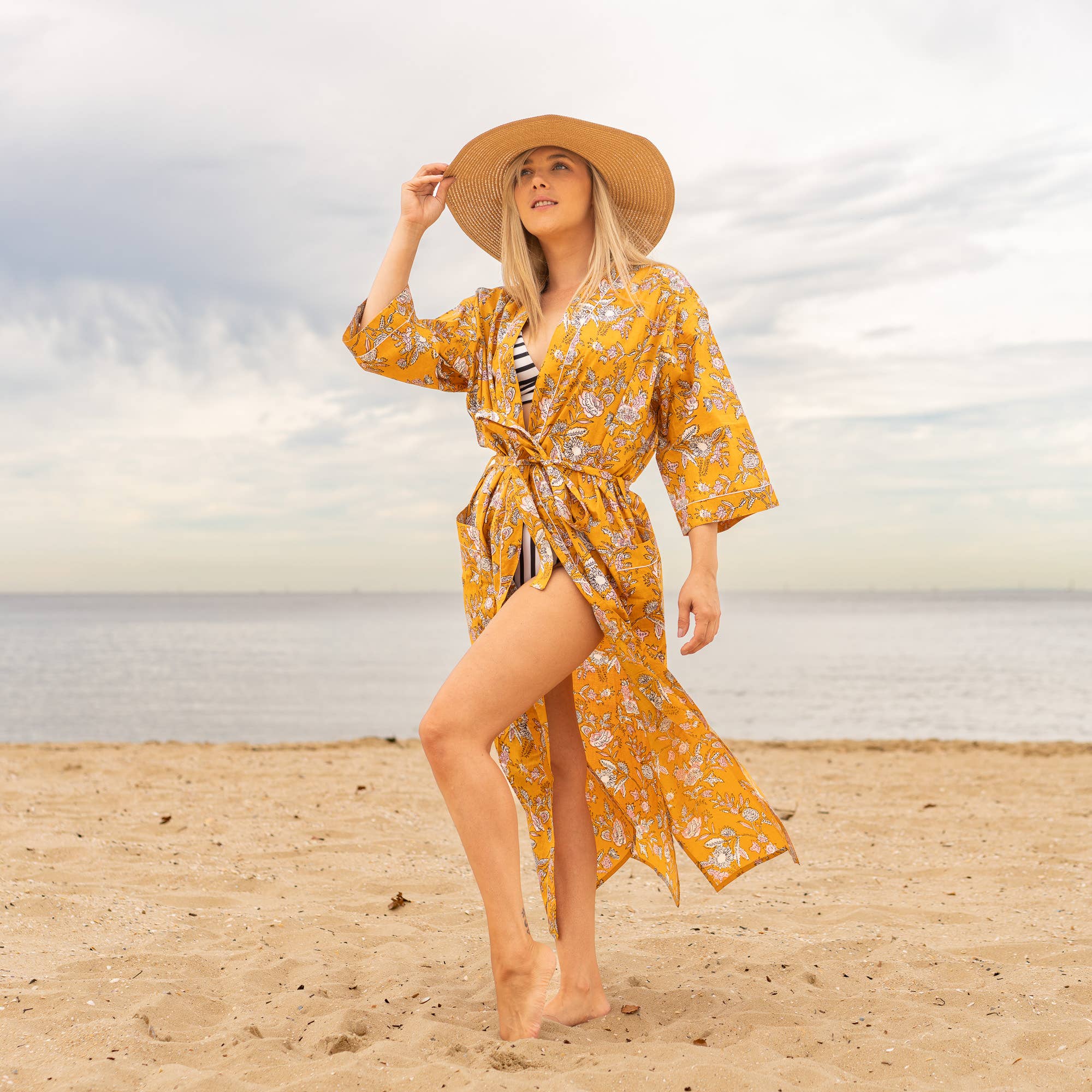 MUSTARD FLORAL' Women's Cotton Kimono Robe - Bold Design