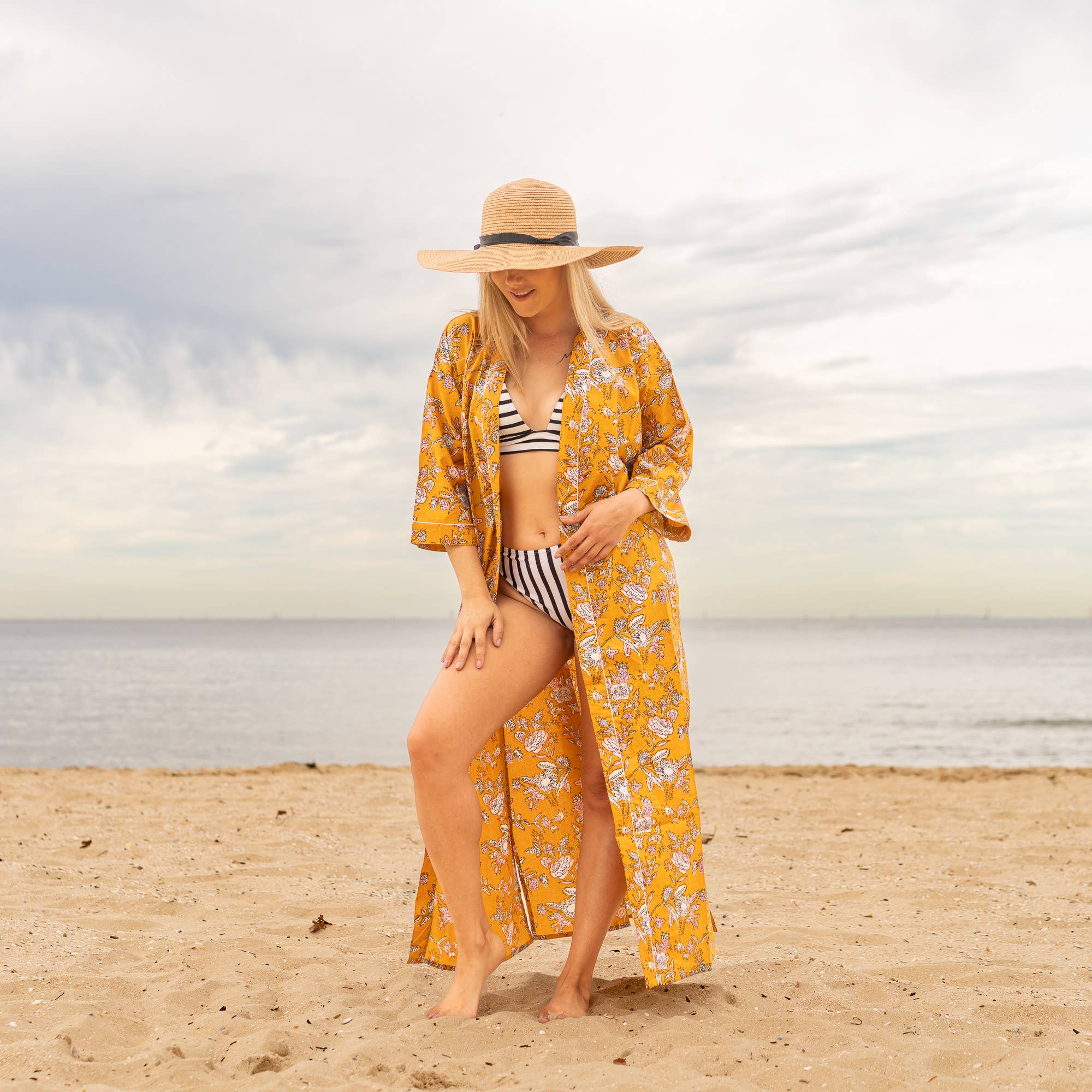 MUSTARD FLORAL' Women's Cotton Kimono Robe - Bold Design