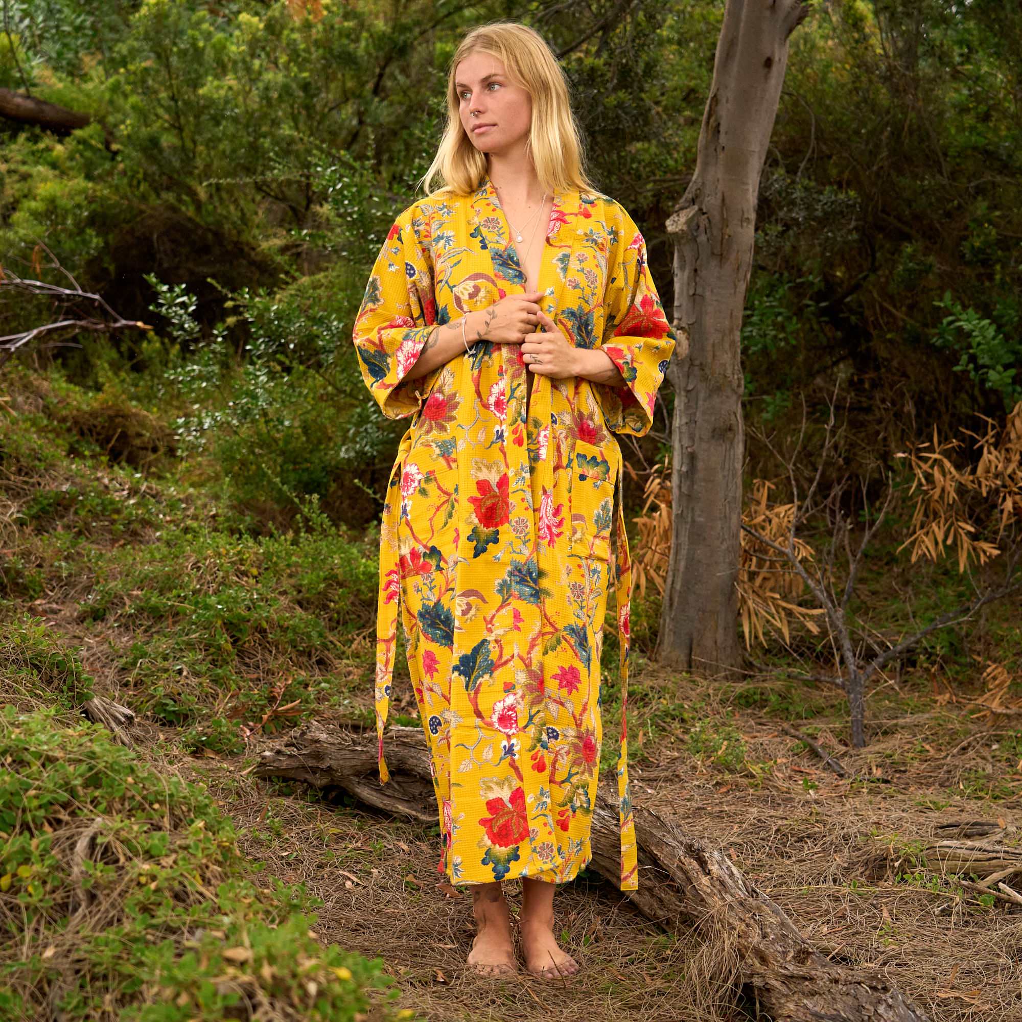 Golden Garden Waffle Cotton Kimono