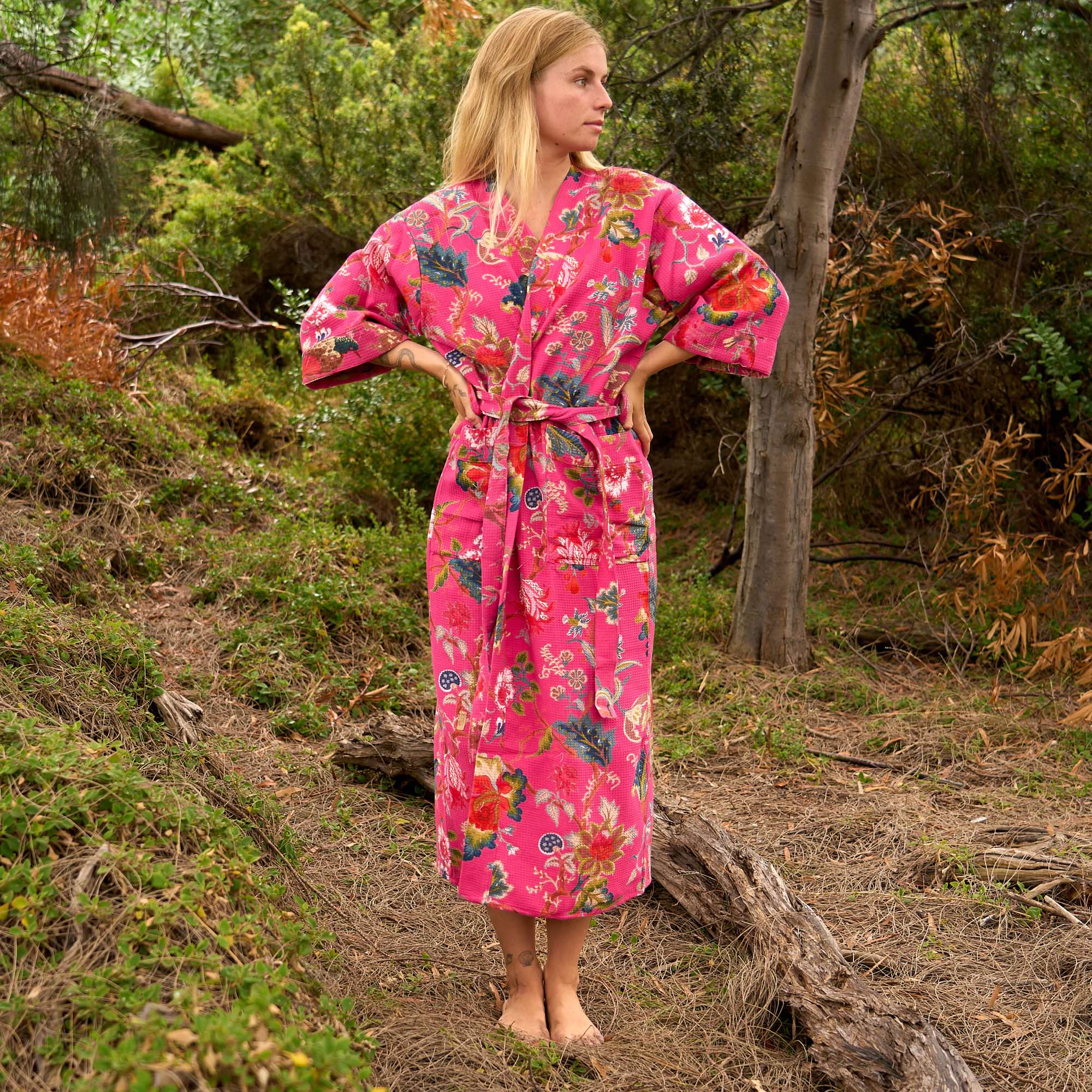 Pink Floral Waffle Cotton Kimono - Boho Blossom Style