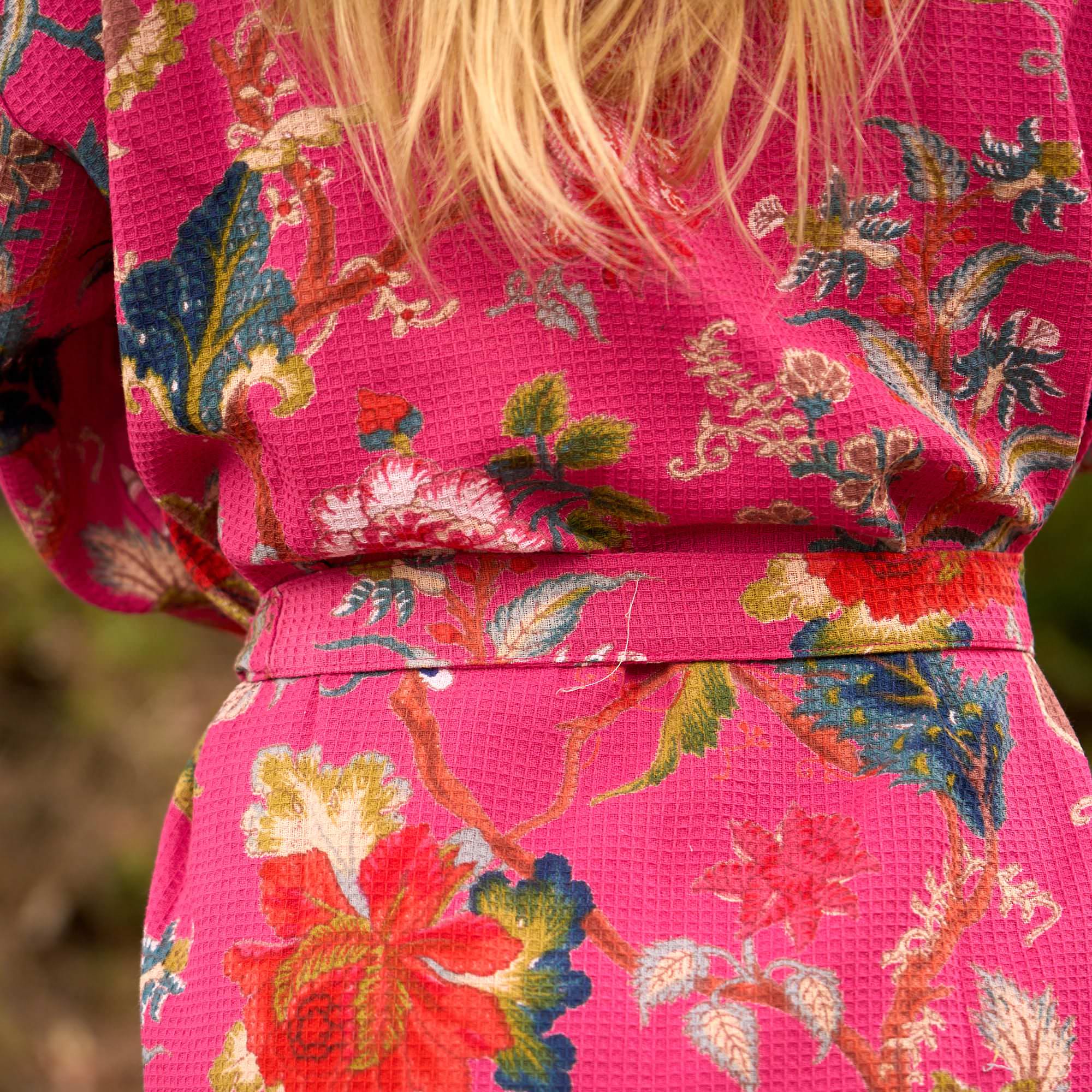 Pink Floral Waffle Cotton Kimono - Boho Blossom Style