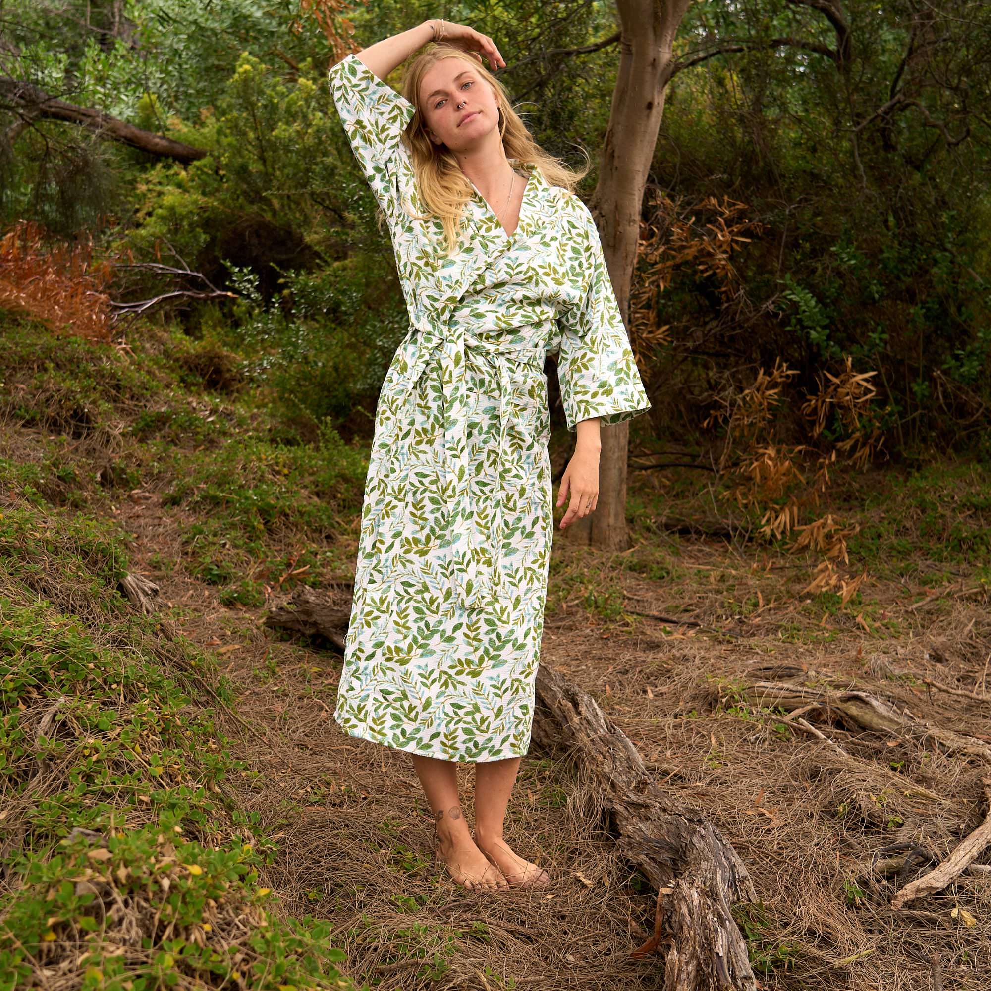 White & Green Whispering Leaves Cotton Kimono Robe