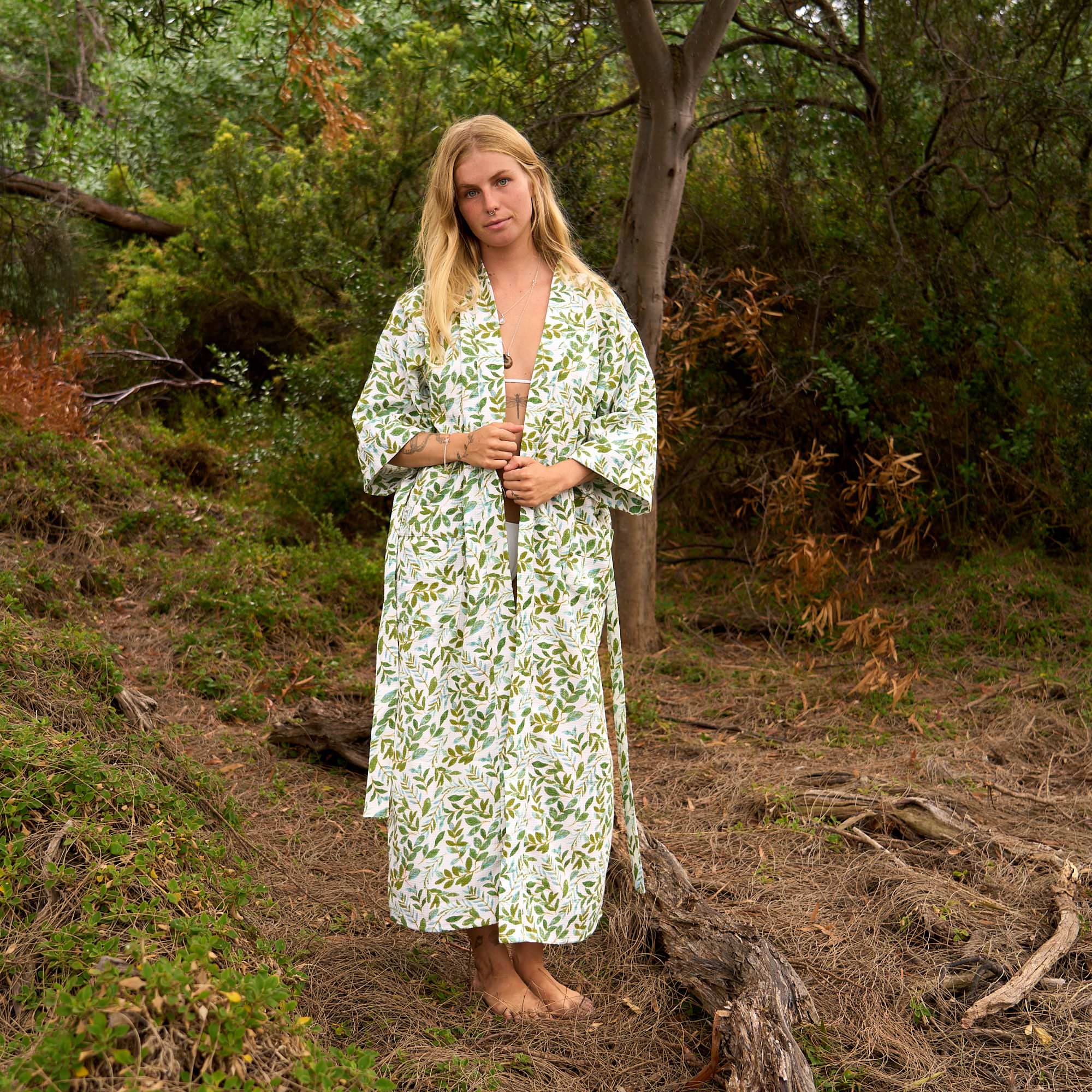 White & Green Whispering Leaves Cotton Kimono Robe