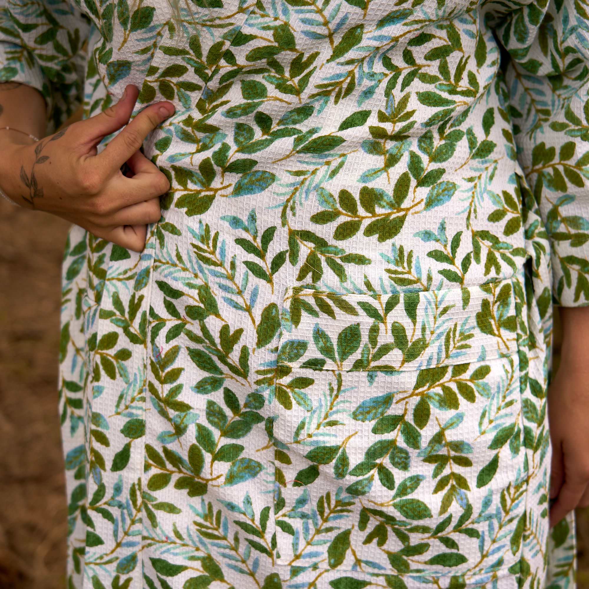 White & Green Whispering Leaves Cotton Kimono Robe
