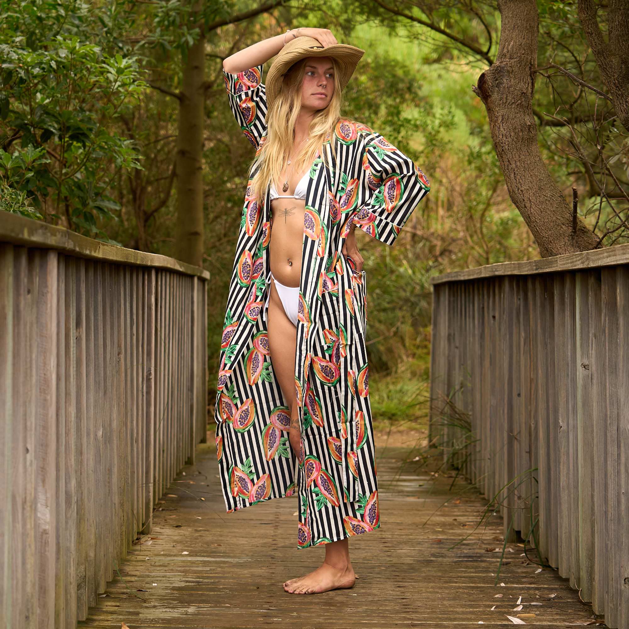 Papaya Print Cotton Kimono Robe - Lightweight Cotton Lounge
