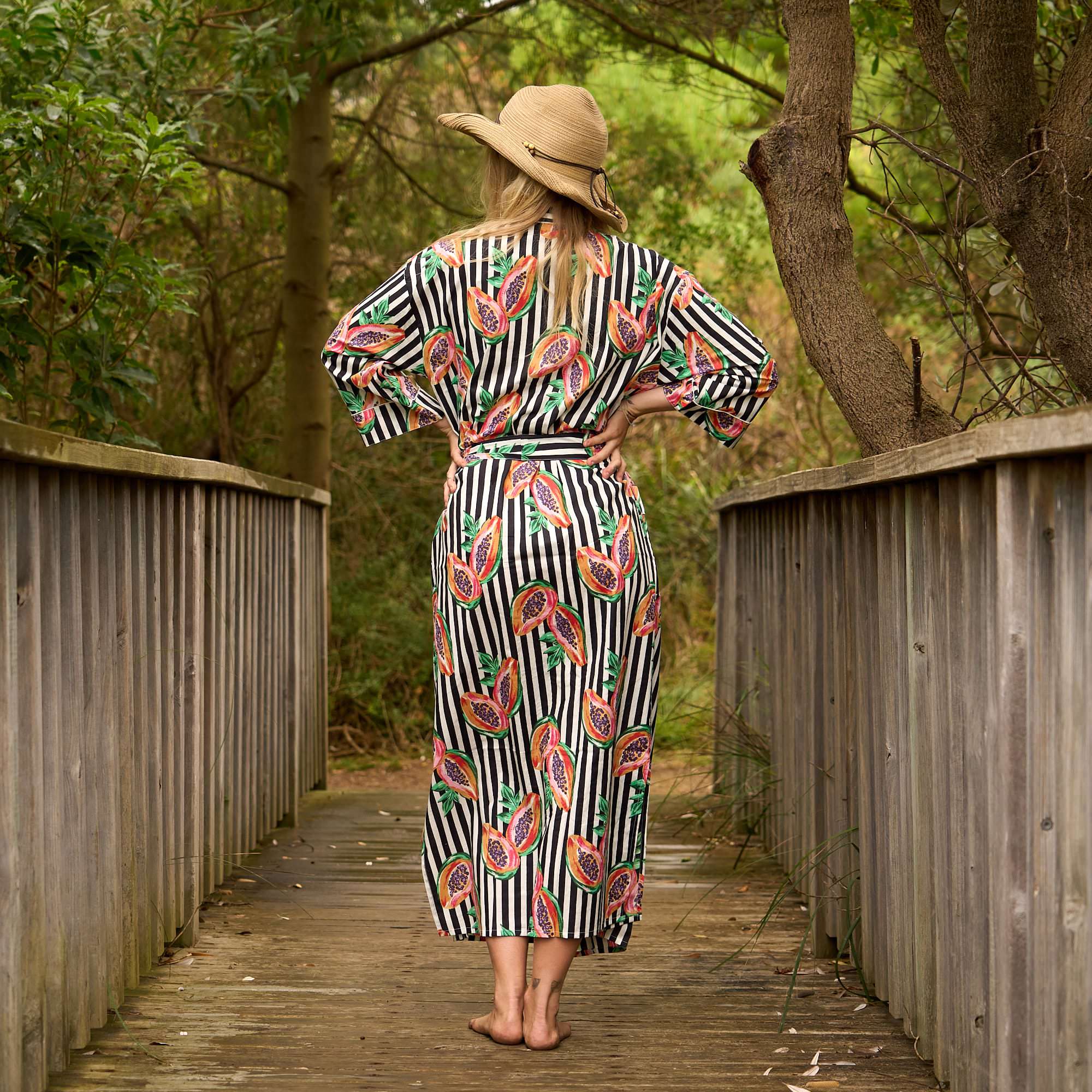 Papaya Print Cotton Kimono Robe - Lightweight Cotton Lounge