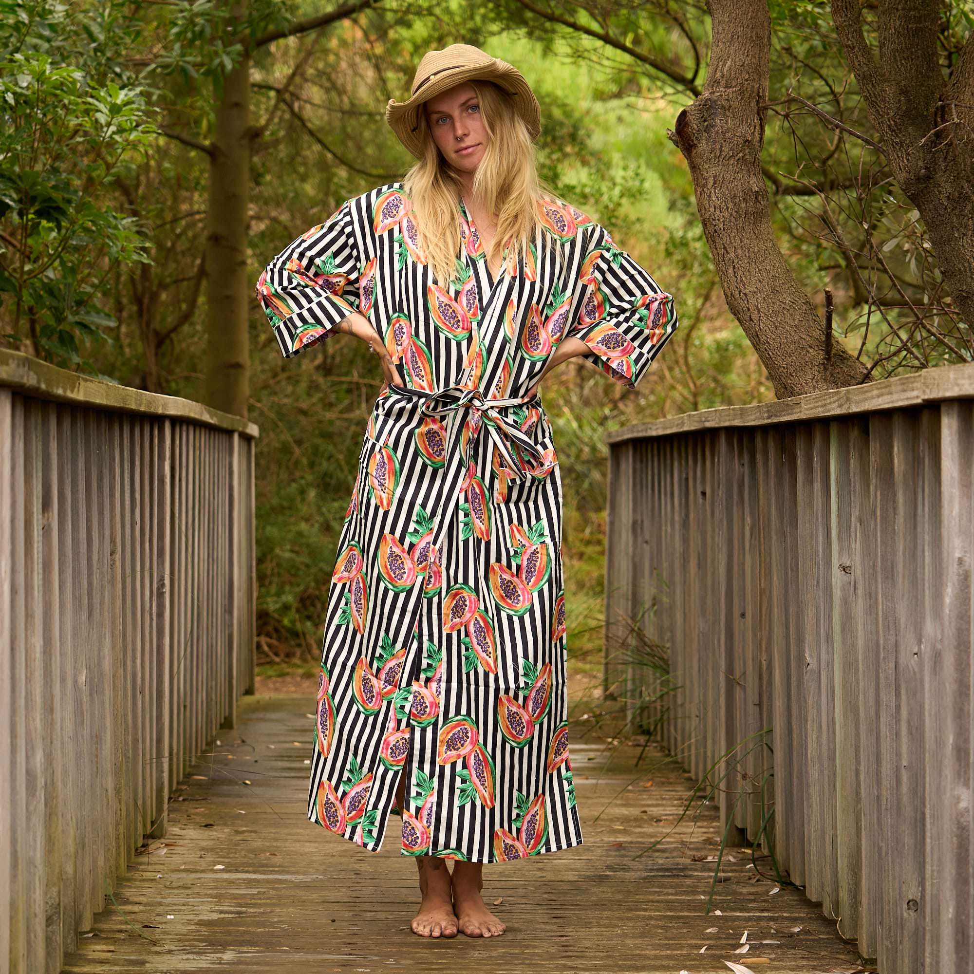 Papaya Print Cotton Kimono Robe - Lightweight Cotton Lounge