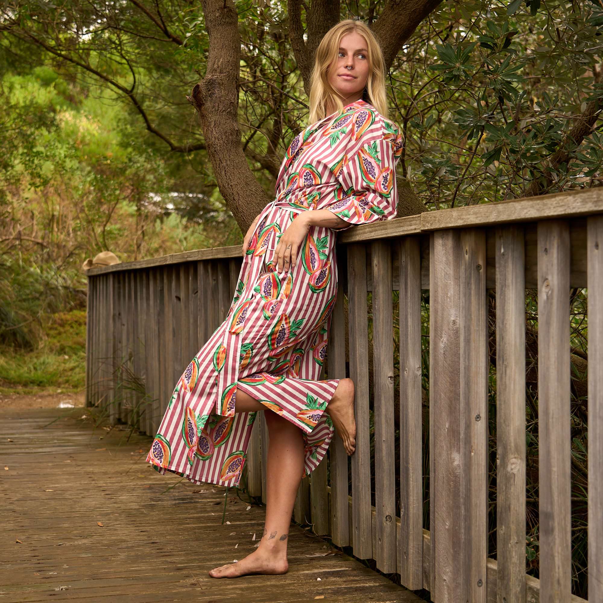 Papaya Pink Stripe Boho Soft Cotton Kimono Robe