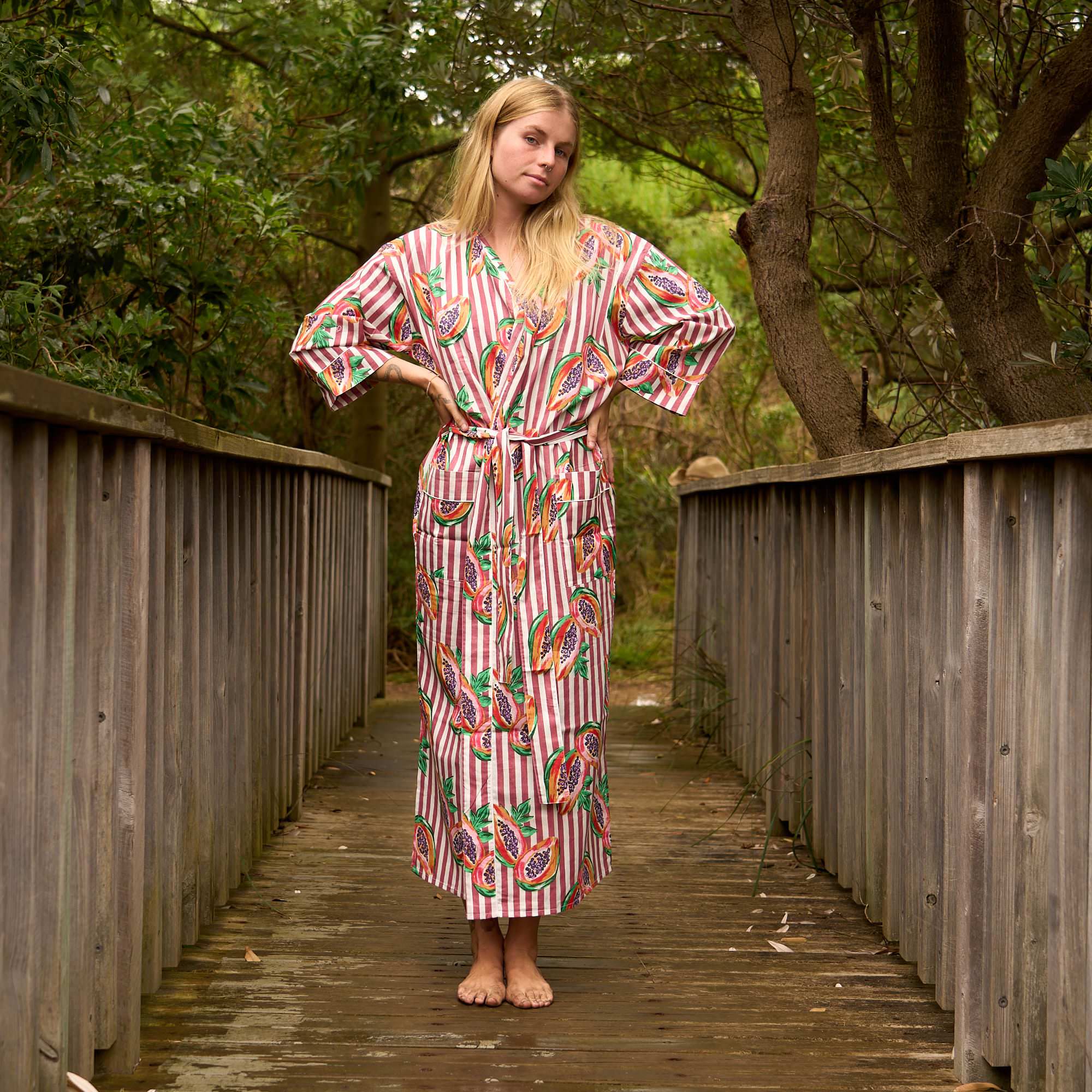 Papaya Pink Stripe Boho Soft Cotton Kimono Robe