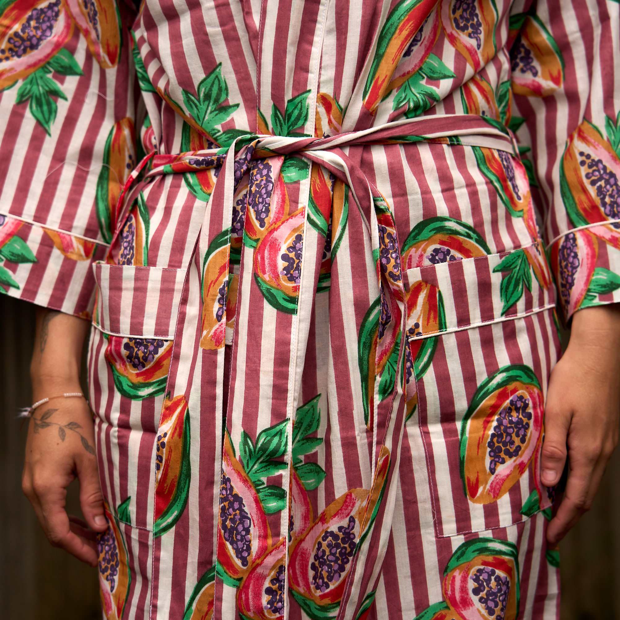 Papaya Pink Stripe Boho Soft Cotton Kimono Robe