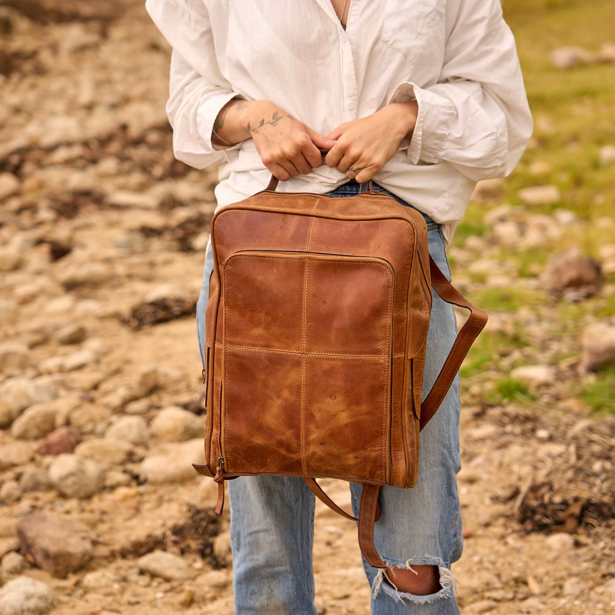 Luxe Tan Leather Backpack - Travel & Work
