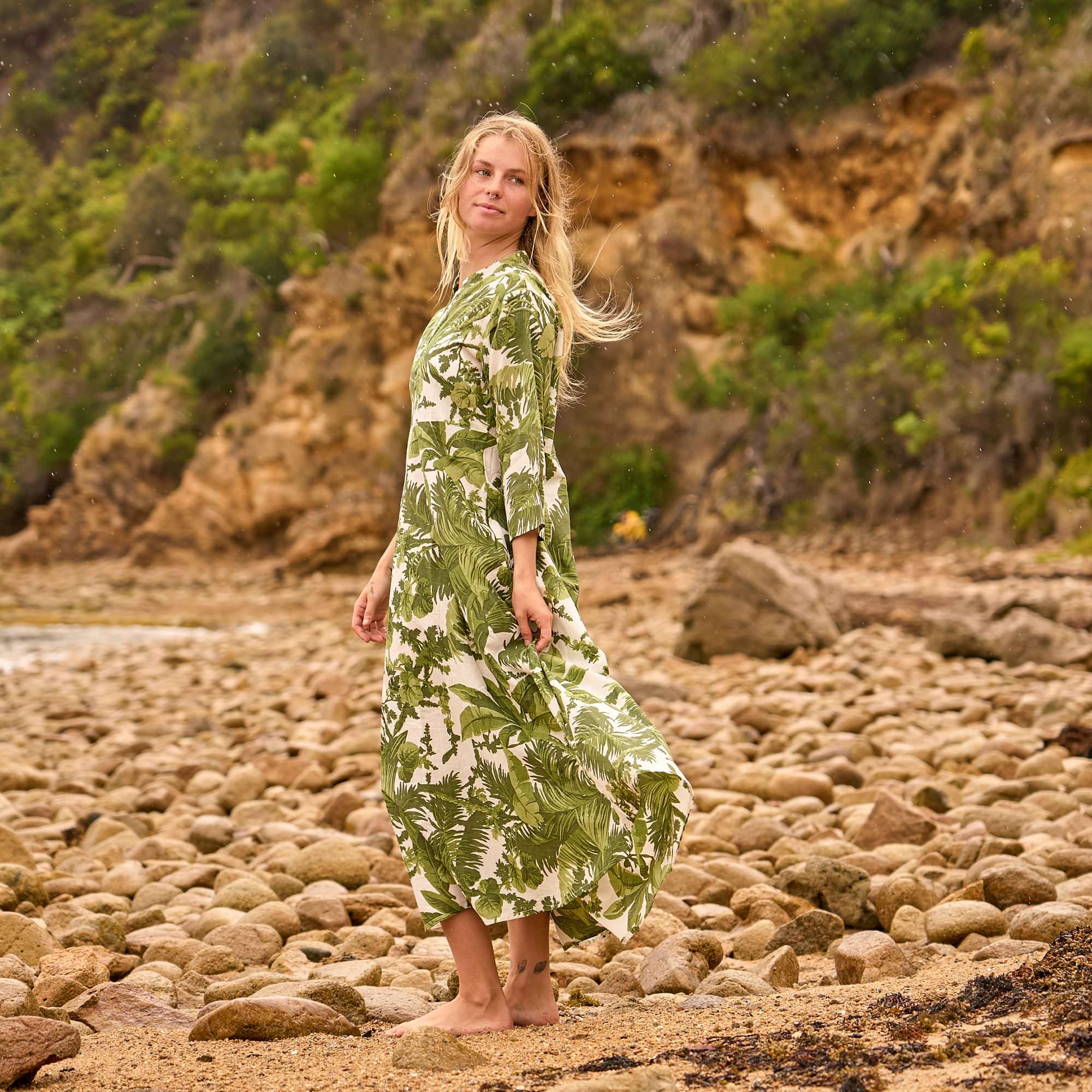 Palm Reverie Cotton Dress - Tropical Green Leafy Maxi Dress