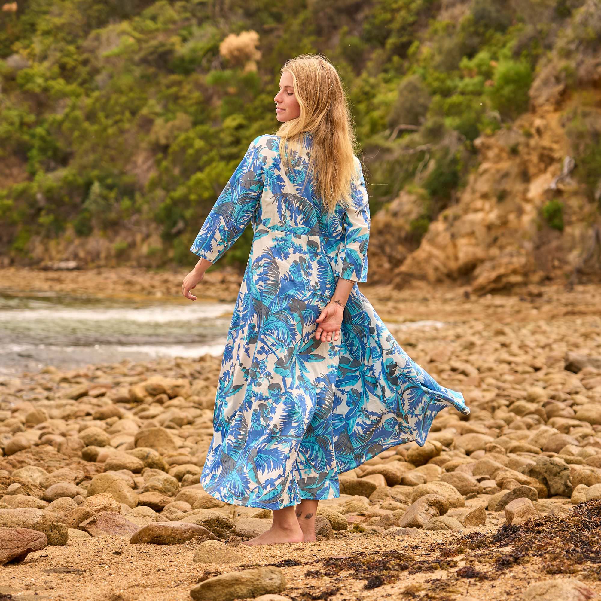 Azure Palms Maxi Dress - Ocean Breeze Print Cotton Dress
