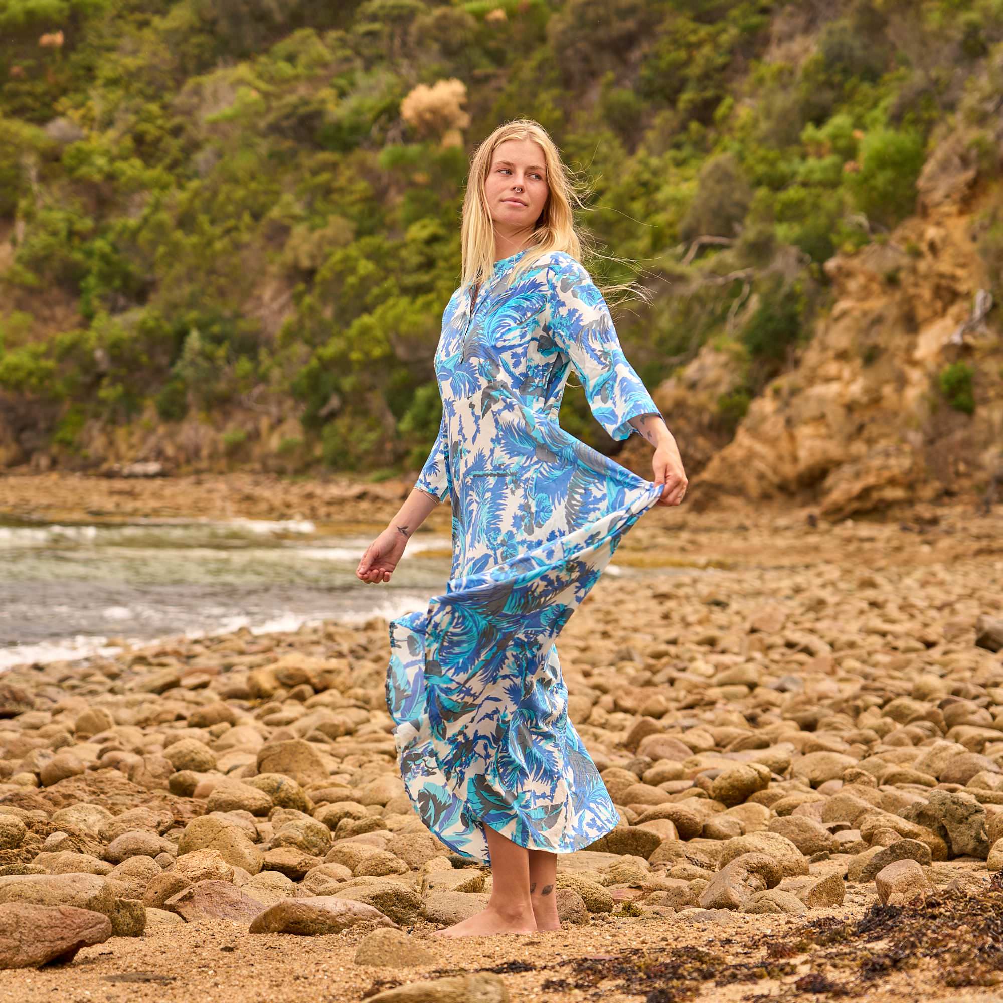 Azure Palms Maxi Dress - Ocean Breeze Print Cotton Dress