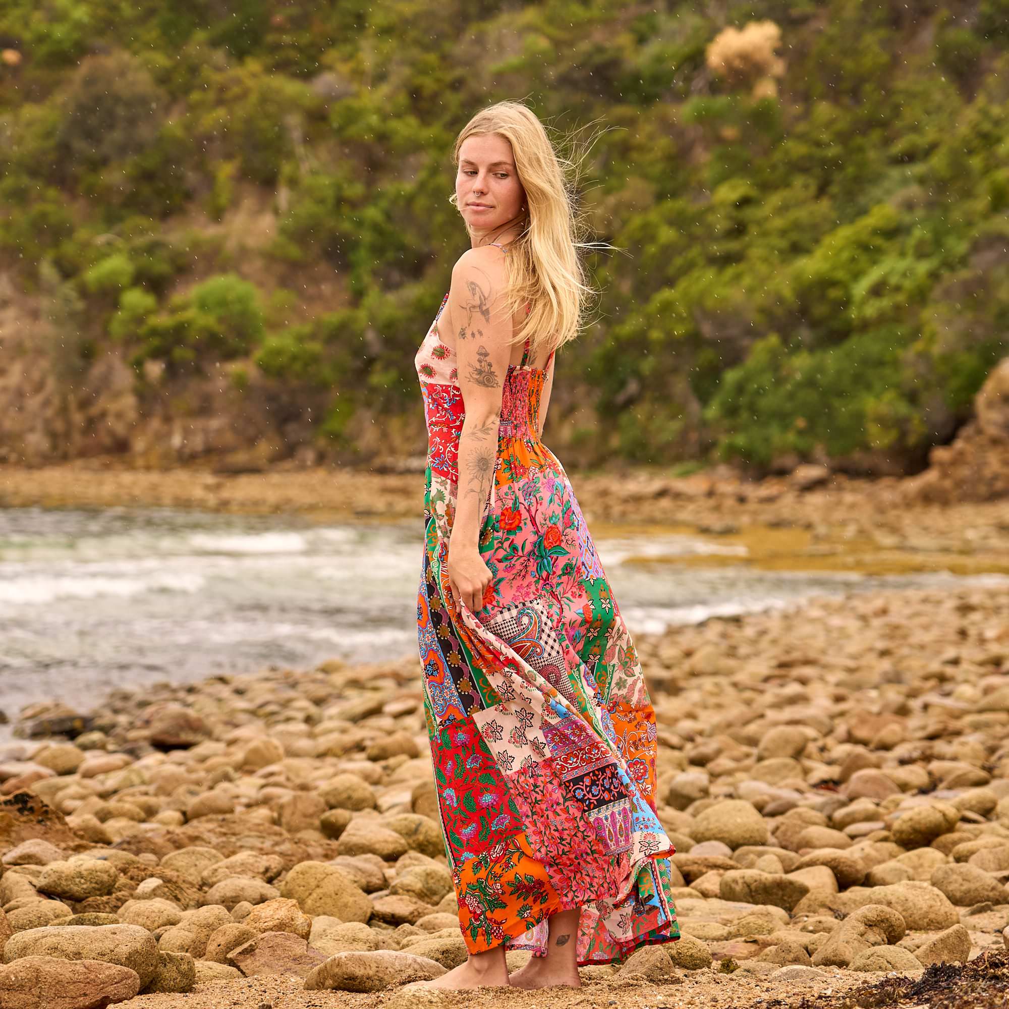 Women's cotton patchwork slip maxi dress featuring a vintage print and lightweight boho style.