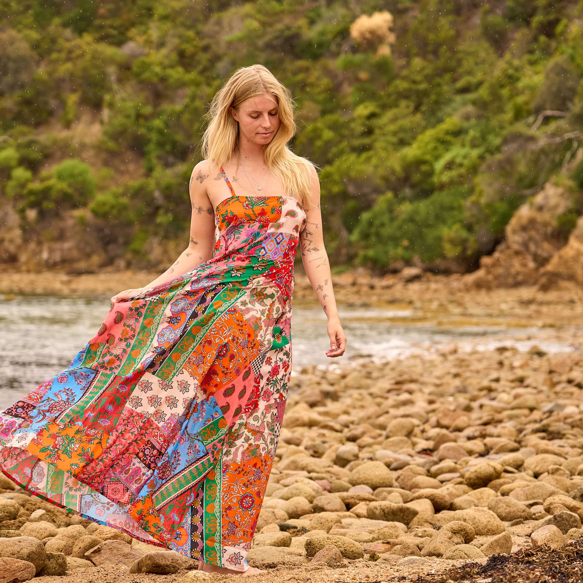 Boho patchwork cotton maxi dress with vintage print and strappy design for summer beachwear.