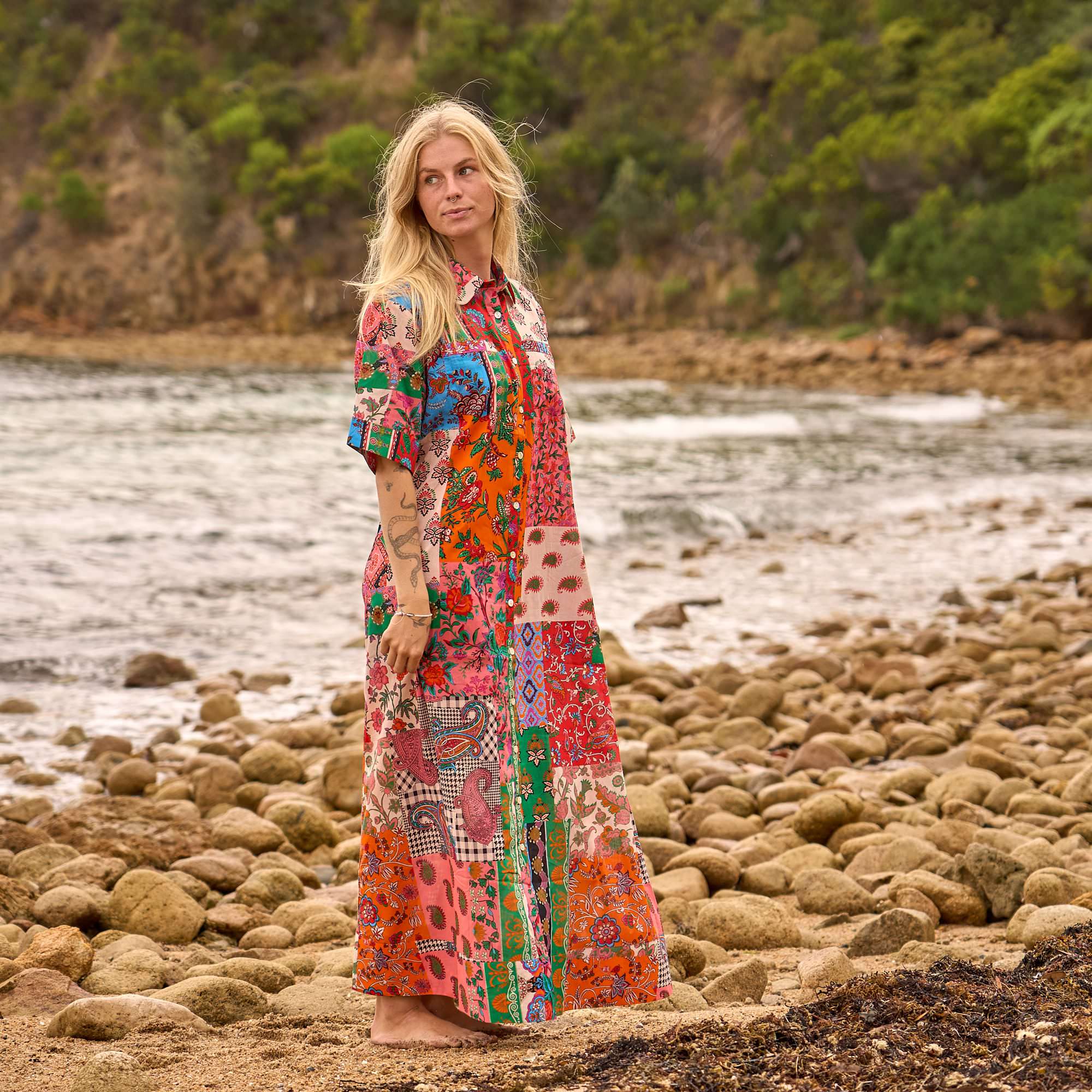 Women's artistic patchwork maxi shirt dress designed for comfortable everyday wear, travel, and vacations.