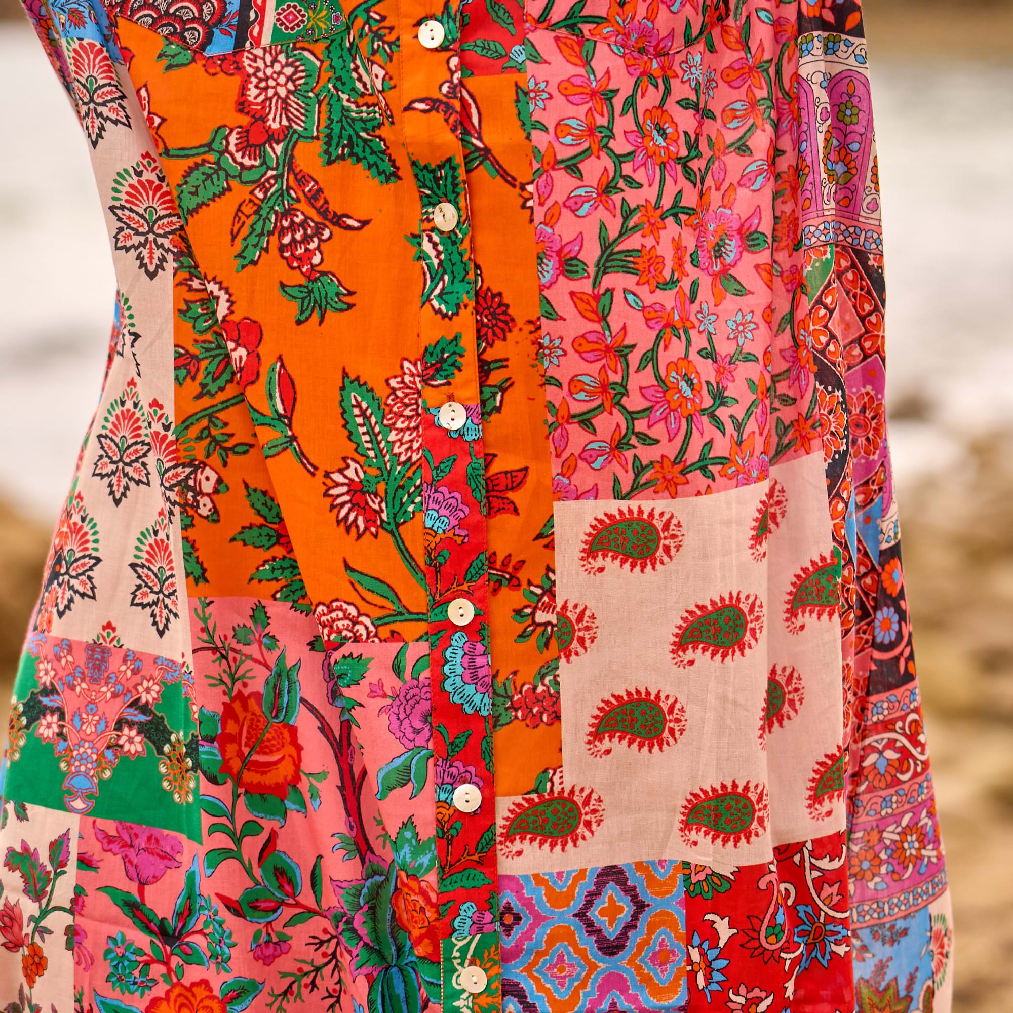 Unique boho patchwork shirt dress with vibrant prints, relaxed fit, and statement style for women.