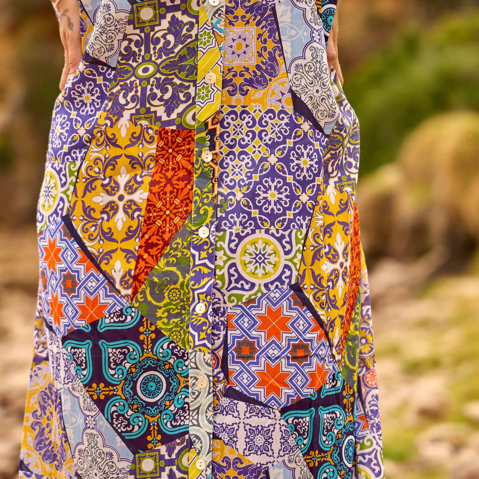 Relaxed fit boho resort wear maxi dress with unique tile print design for effortless summer fashion.