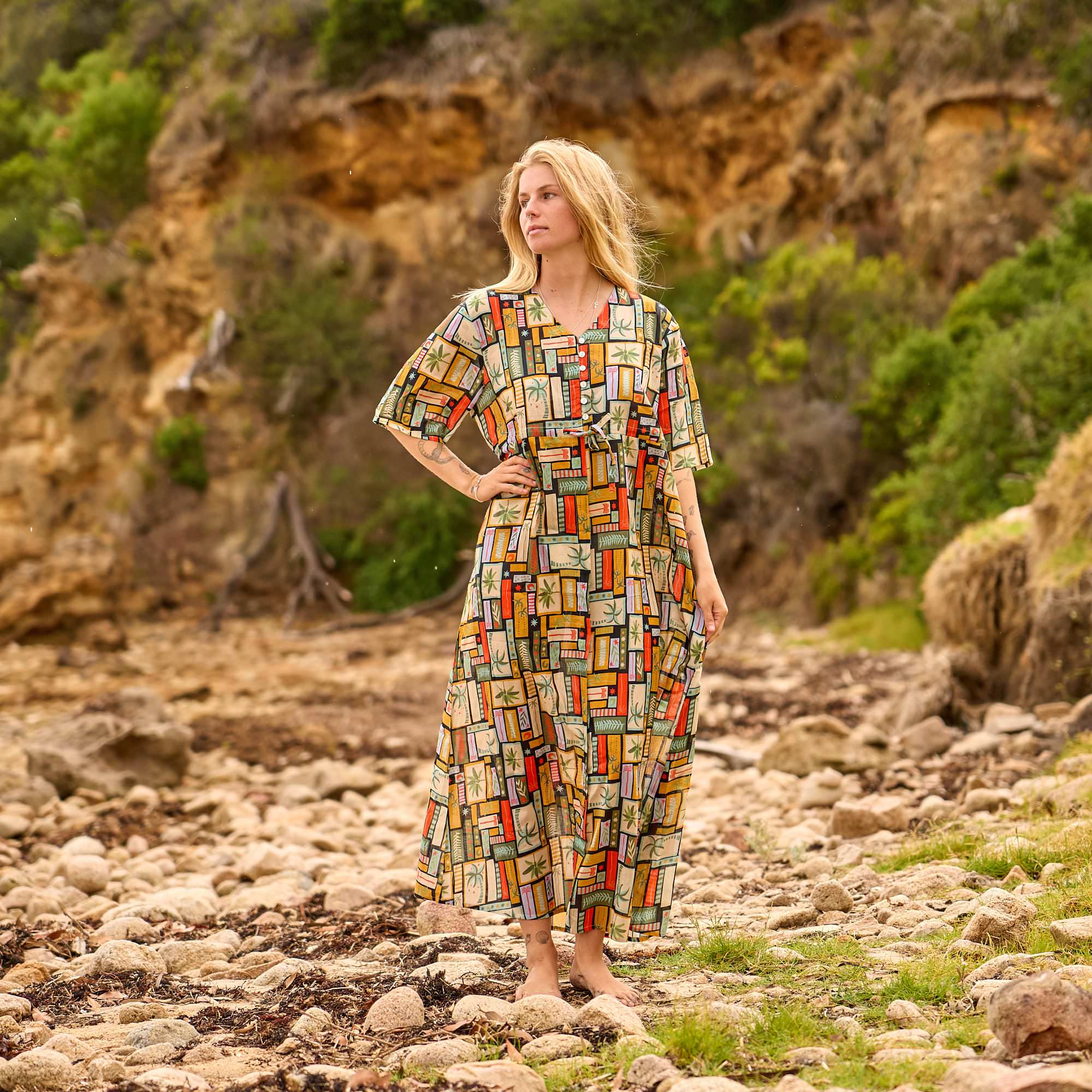Boho printed maxi dress for women with a relaxed free size fit, perfect for resort wear and summer vacations.
