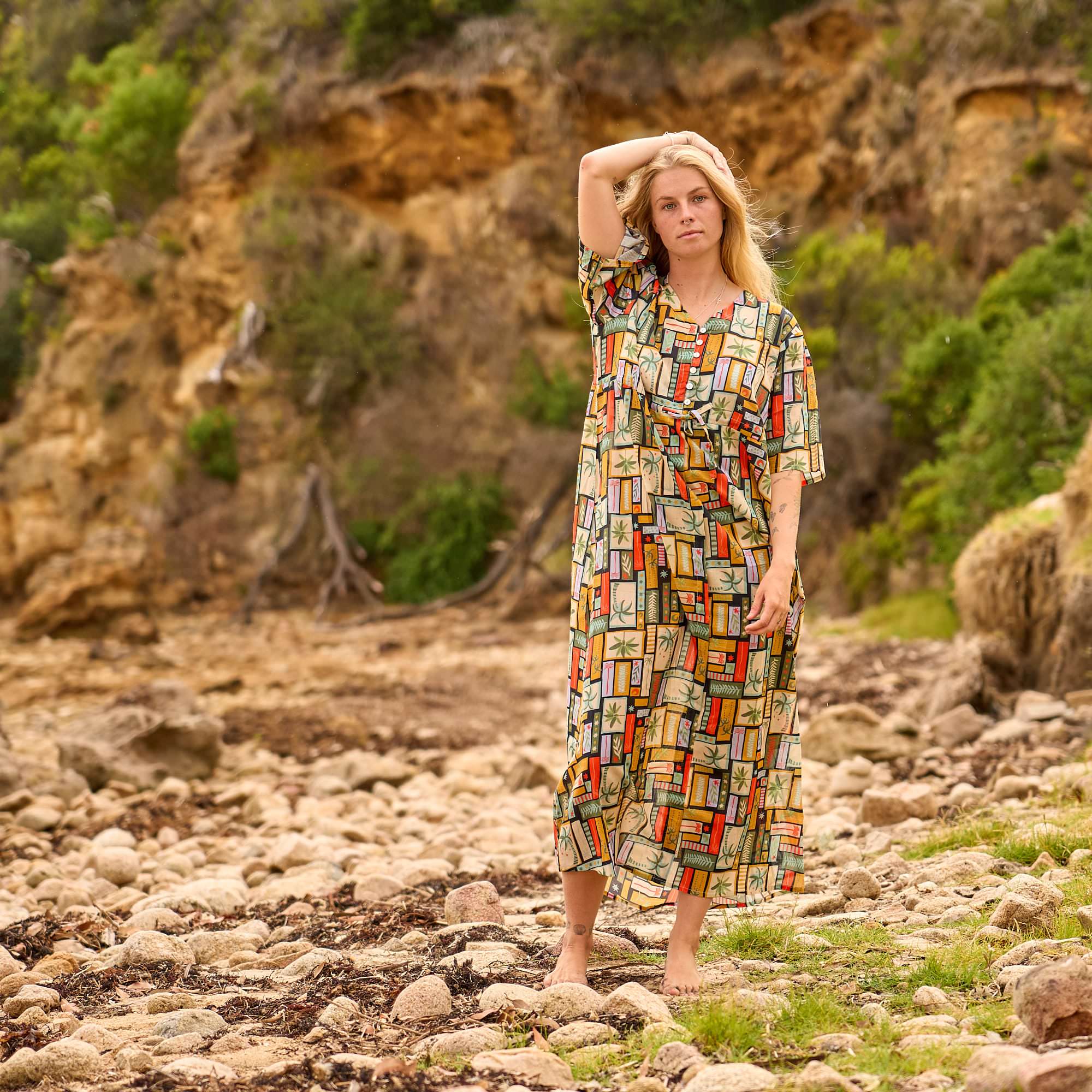 Women's bohemian printed maxi dress featuring a flowy silhouette and comfortable relaxed fit for beach holidays.