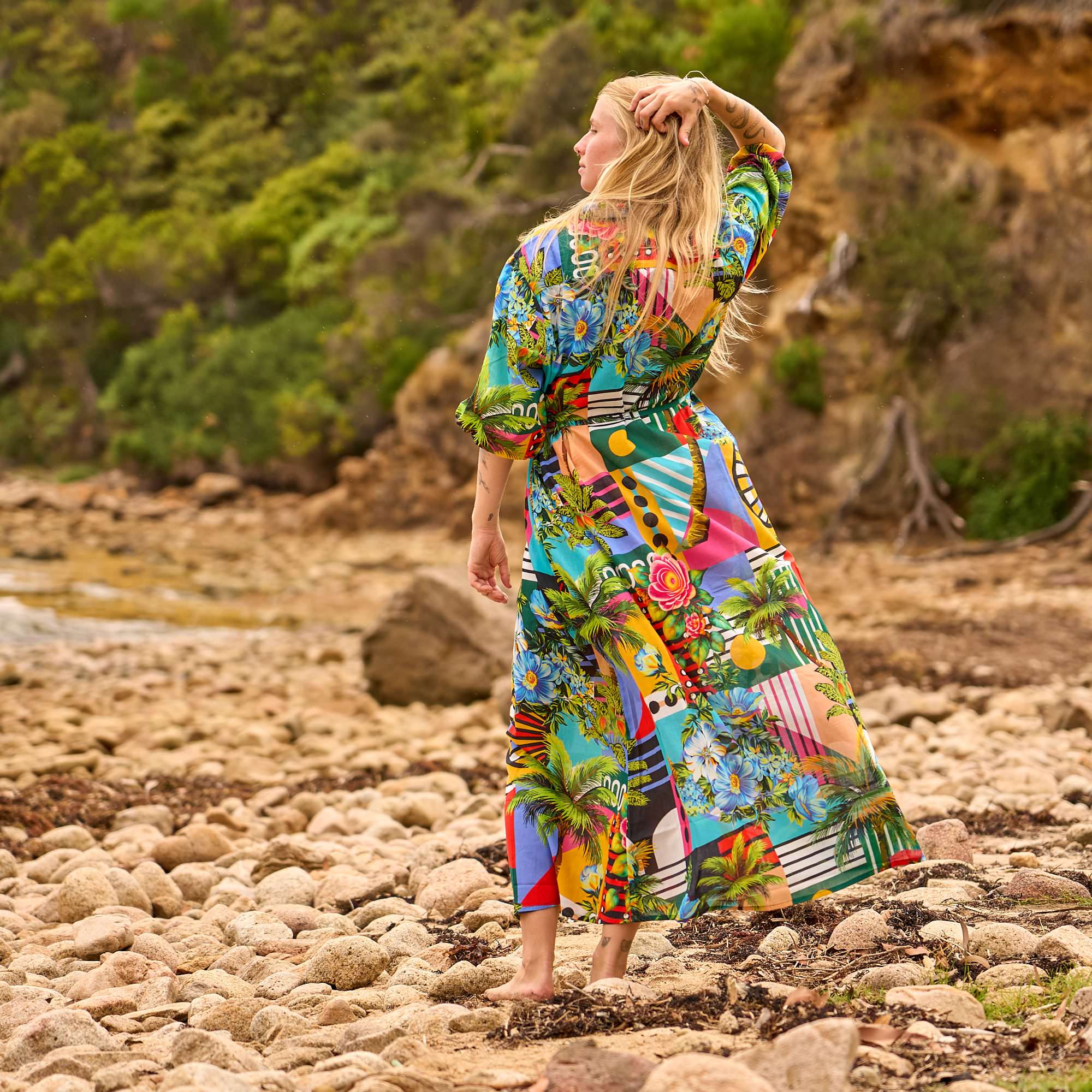 Free size tropical shirt maxi dress designed for beach holidays, resort stays, and effortless summer fashion.