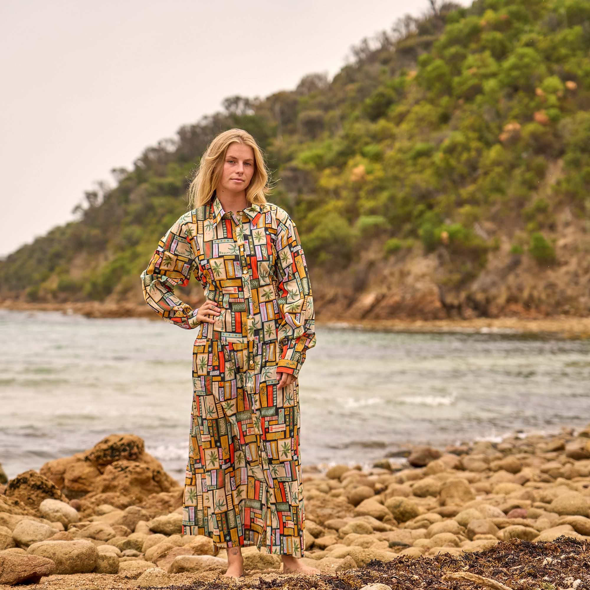 Boho geometric shirt maxi dress for women with a free size relaxed fit for everyday chic style.