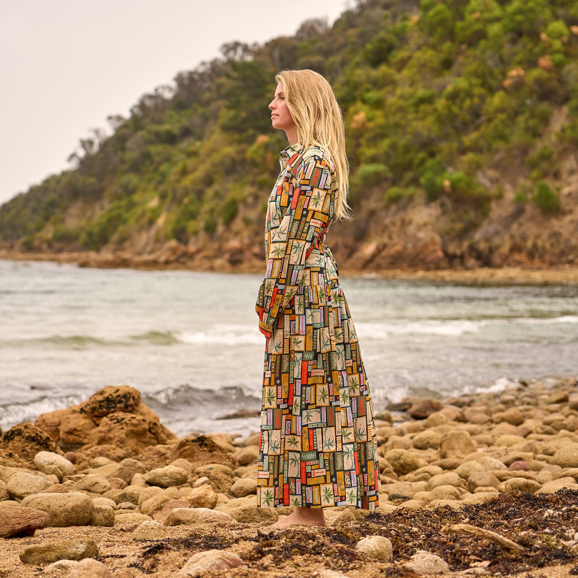 Women's boho geometric print maxi shirt dress featuring a flowy silhouette and comfortable fit.